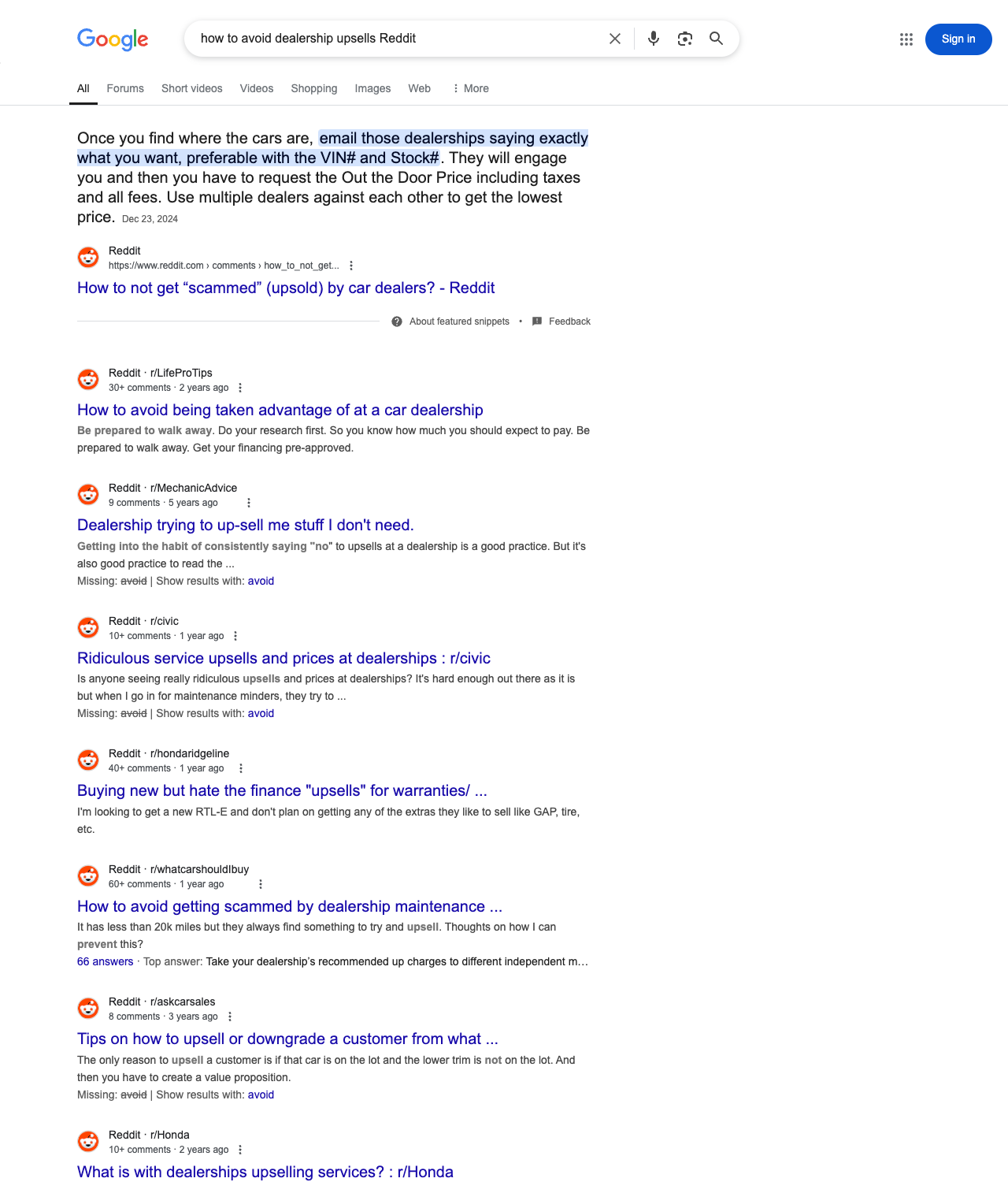One of the best ways to do keyword research while optimizing SEO for car dealerships is to go to Reddit and type in questions that people interested in car dealership services is looking for.