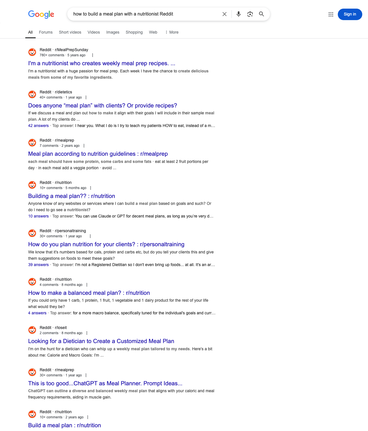 One of the best ways to do keyword research while optimizing SEO for nutritionists is to go to Reddit and type in questions that people interested in nutrition services is looking for.