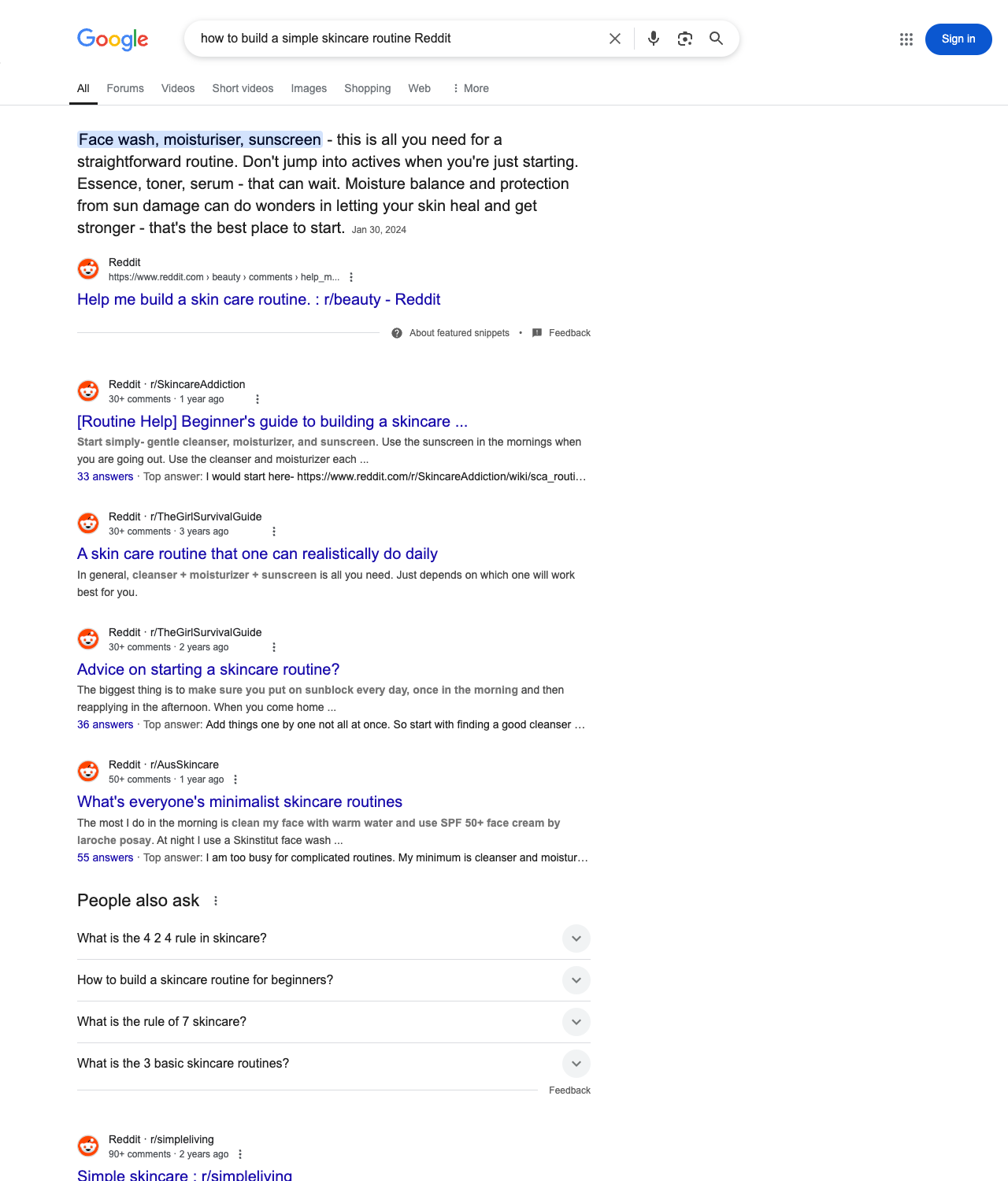 One of the best ways to do keyword research while optimizing SEO for skincare clinics is to go to Reddit and type in questions that people interested in skincare services is looking for.