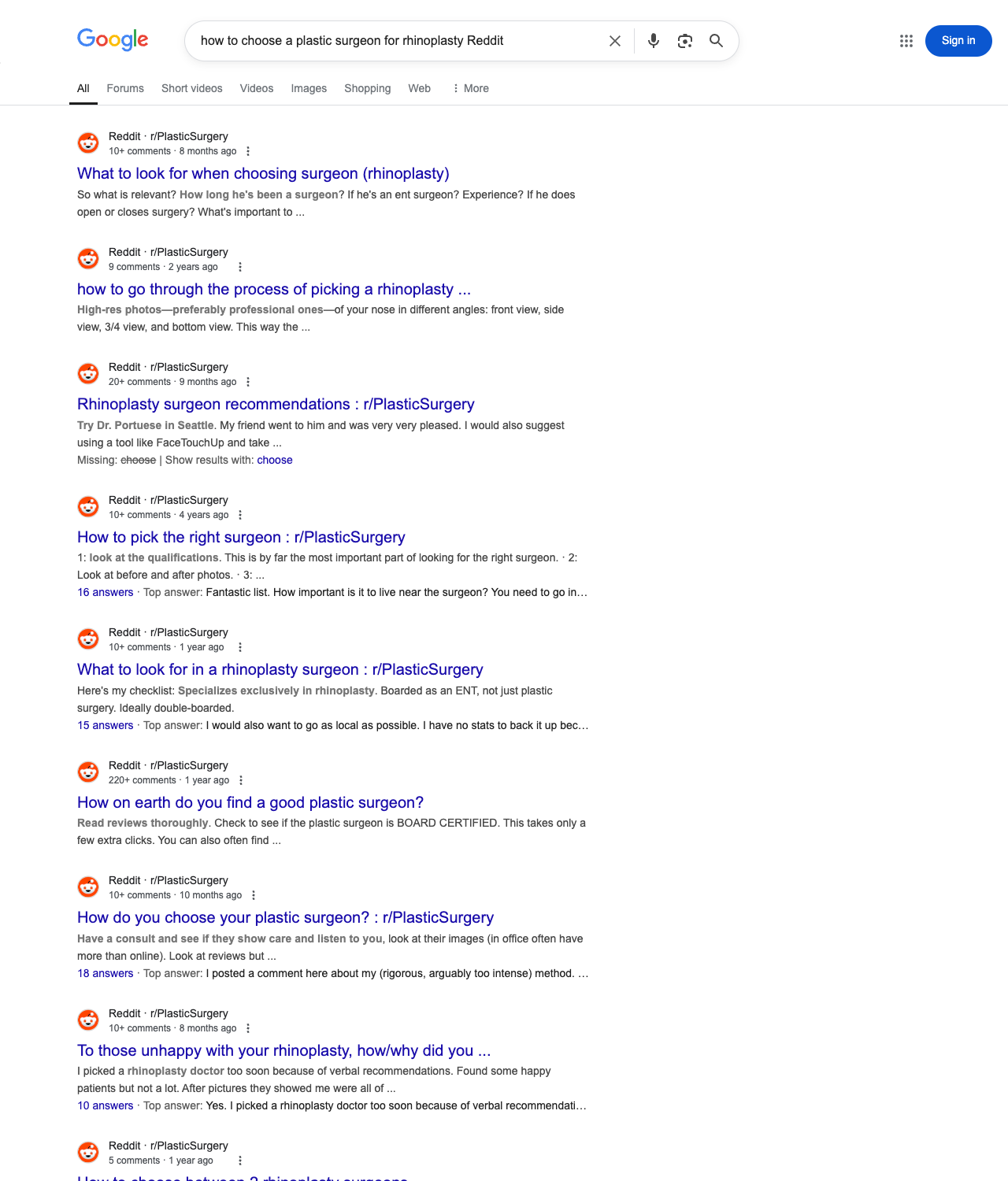 One of the best ways to do keyword research while optimizing SEO for plastic surgeons is to go to Reddit and type in questions that people interested in plastic surgery services is looking for.