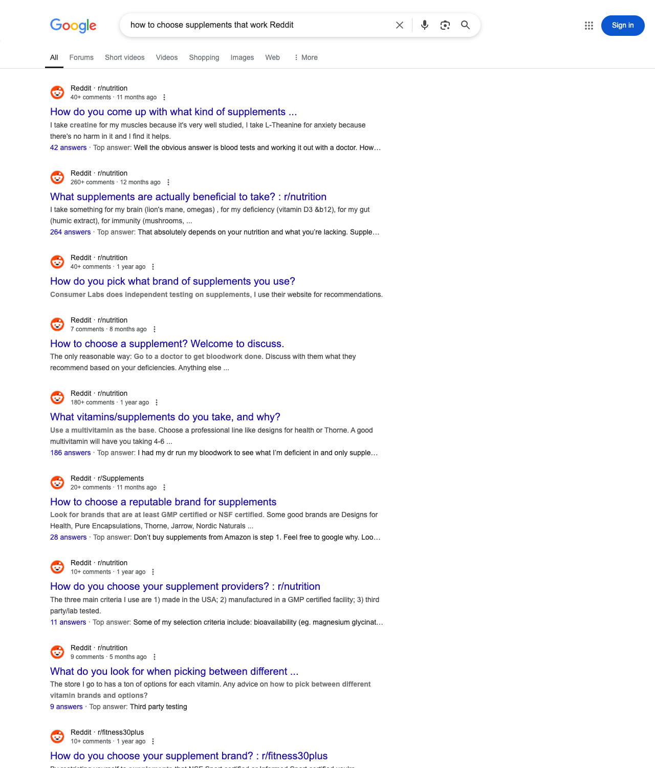 One of the best ways to do keyword research while optimizing SEO for supplement stores is to go to Reddit and type in questions that people interested in supplement retail services is looking for.