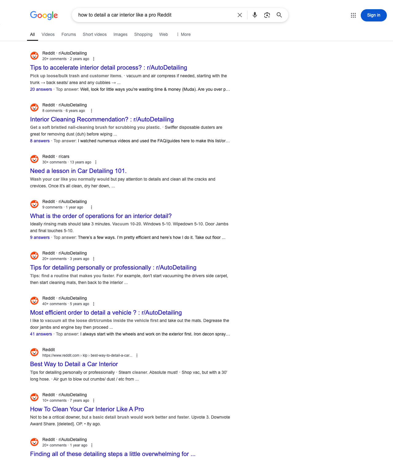 One of the best ways to do keyword research while optimizing SEO for car detailing services is to go to Reddit and type in questions that people interested in car detailing services is looking for.