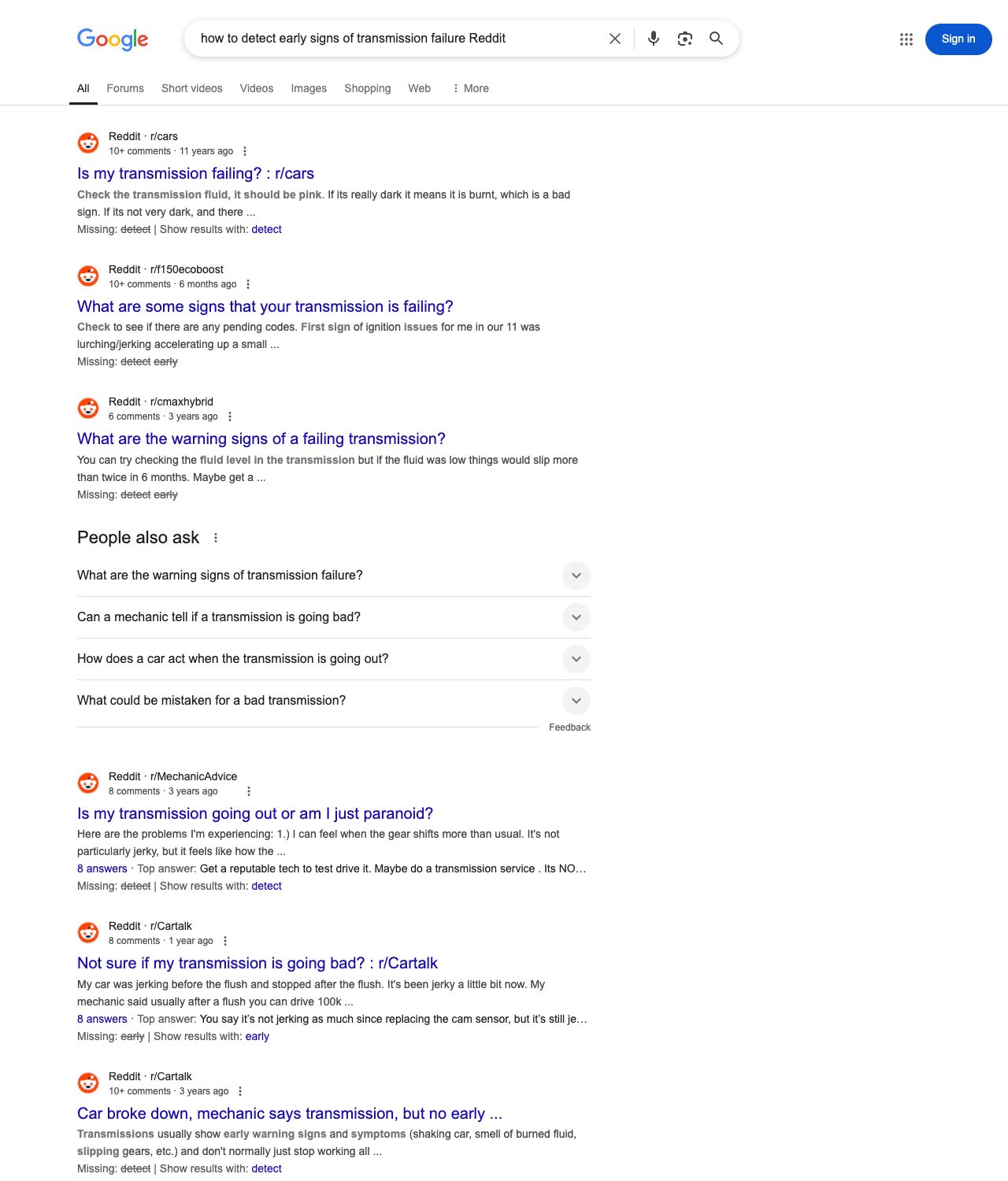 One of the best ways to do keyword research while optimizing SEO for transmission shops is to go to Reddit and type in questions that people interested in transmission repair services is looking for.