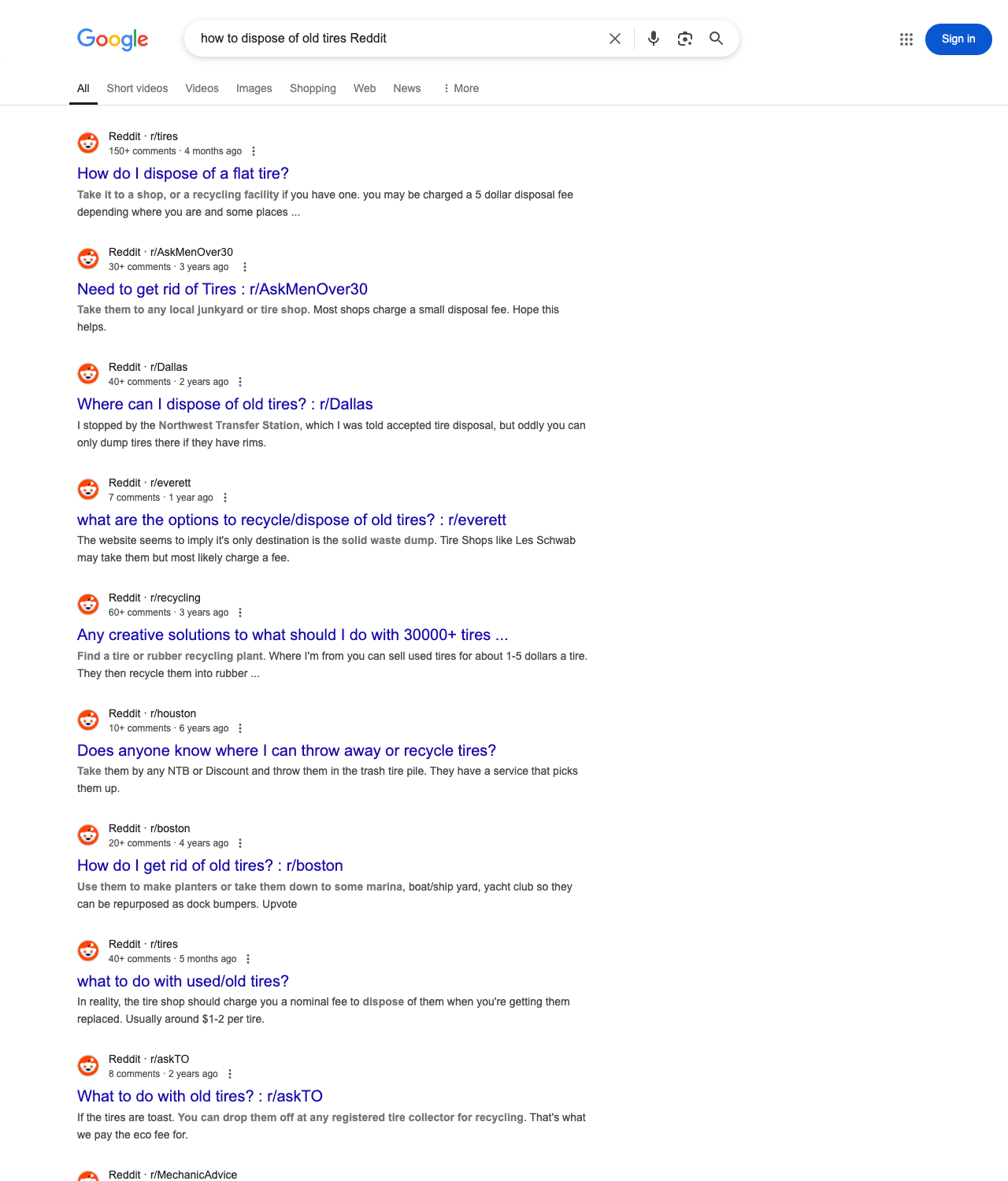 One of the best ways to do keyword research while optimizing SEO for tire recycling companies is to go to Reddit and type in questions that people interested in tire recycling services is looking for.
