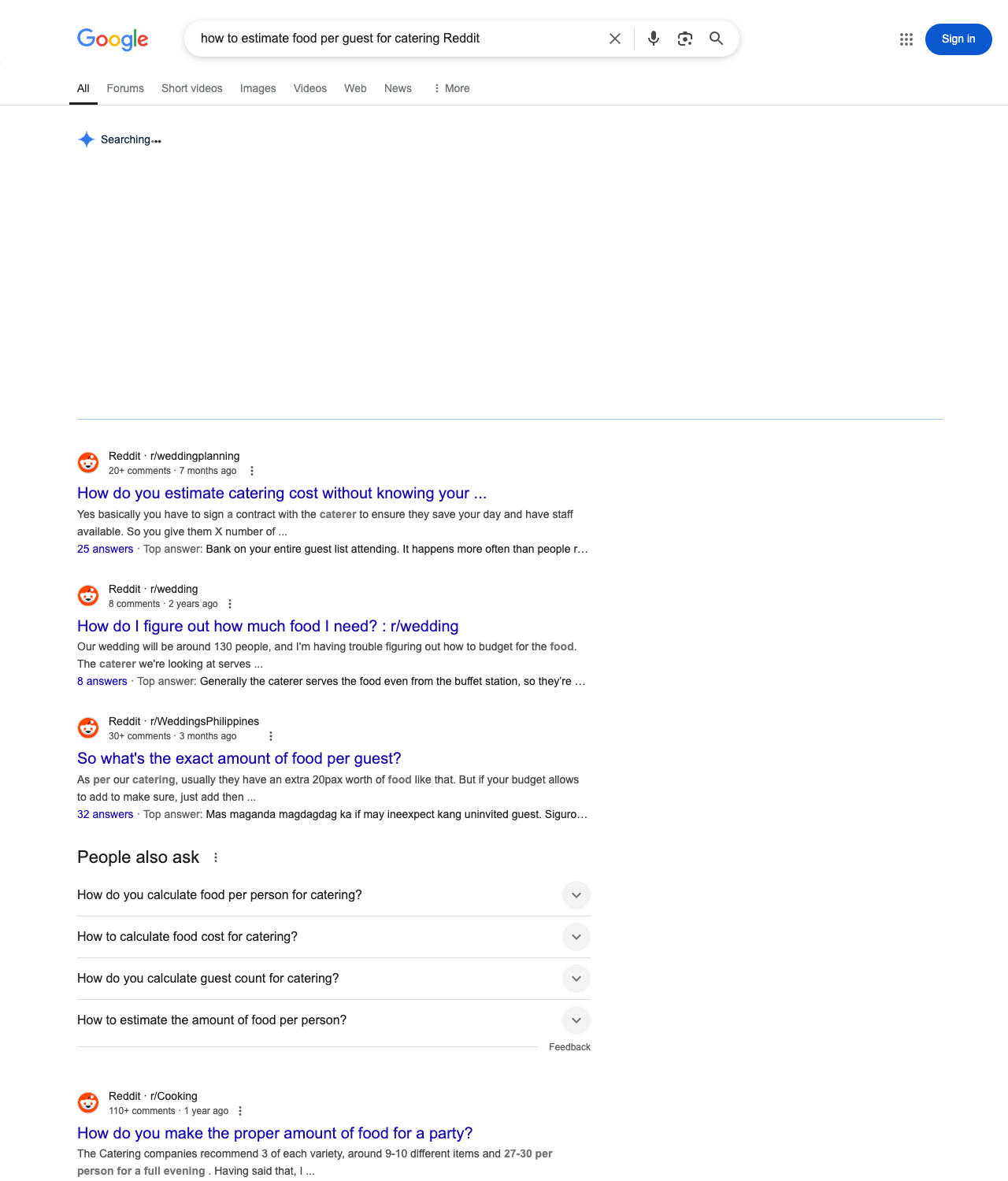 One of the best ways to do keyword research while optimizing SEO for caterers is to go to Reddit and type in questions that people interested in catering services is looking for.