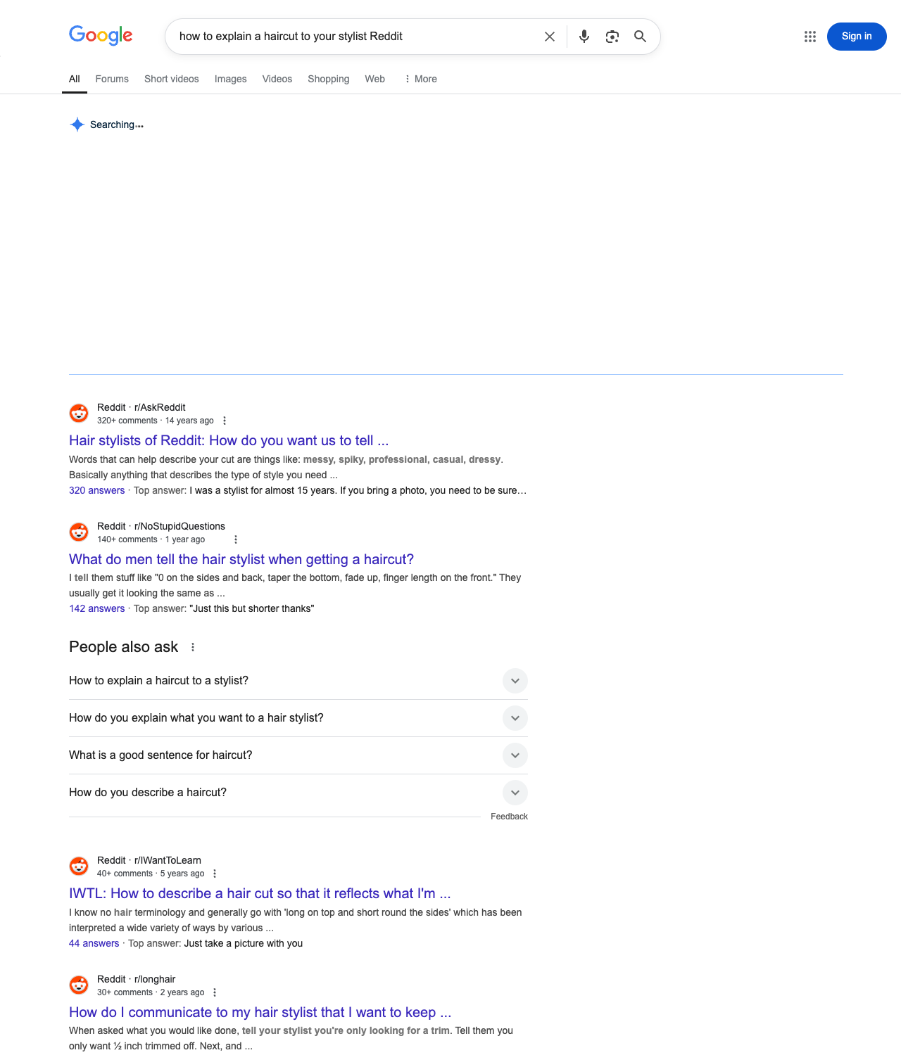 One of the best ways to do keyword research while optimizing SEO for hair salons is to go to Reddit and type in questions that people interested in hair salon services is looking for.