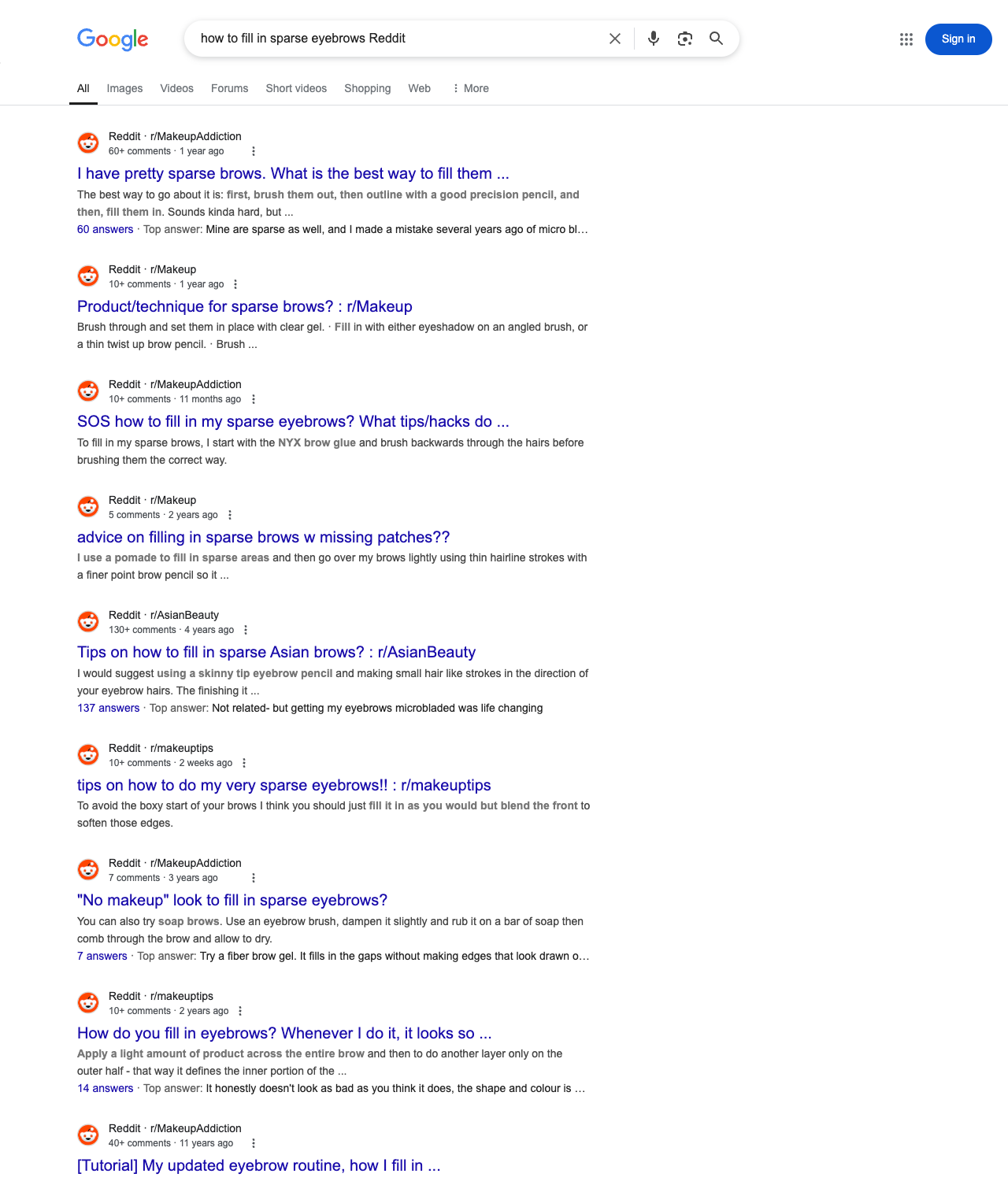 One of the best ways to do keyword research while optimizing SEO for brow bars is to go to Reddit and type in questions that people interested in brow styling services is looking for.