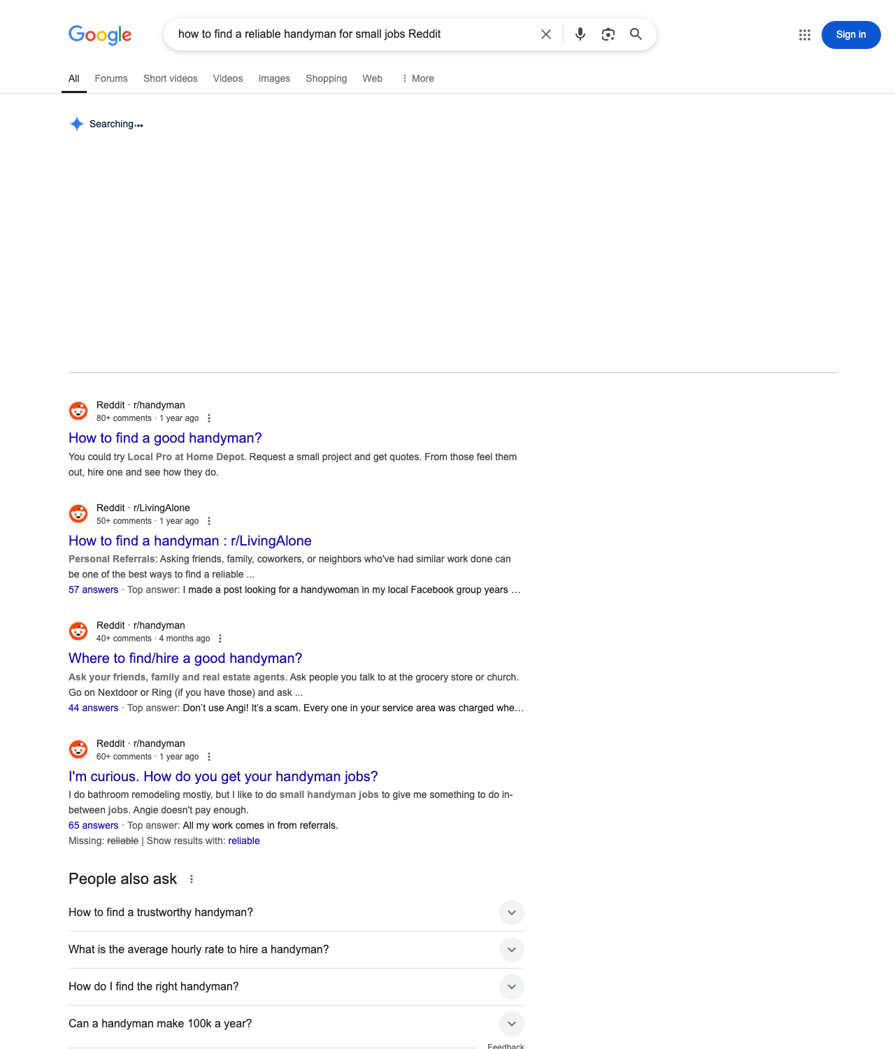 One of the best ways to do keyword research while optimizing SEO for handymen is to go to Reddit and type in questions that people interested in handyman services is looking for.