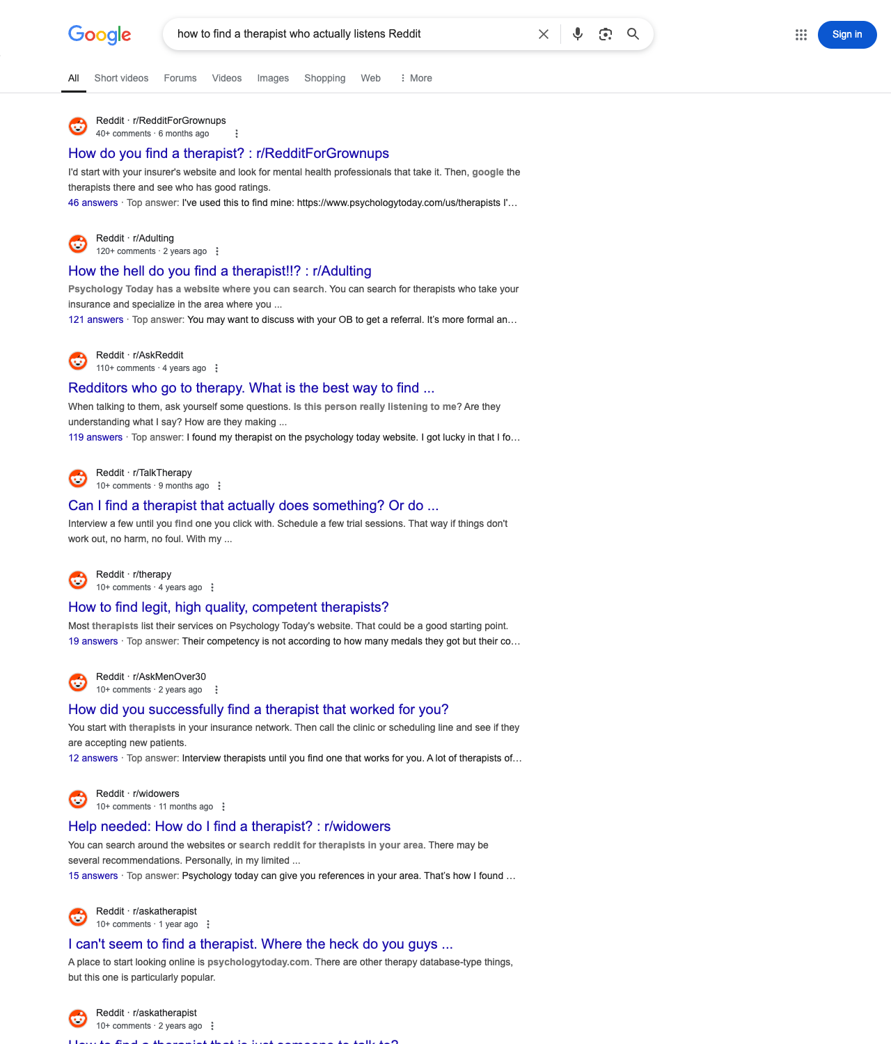One of the best ways to do keyword research while optimizing SEO for psychologists is to go to Reddit and type in questions that people interested in psychology services is looking for.
