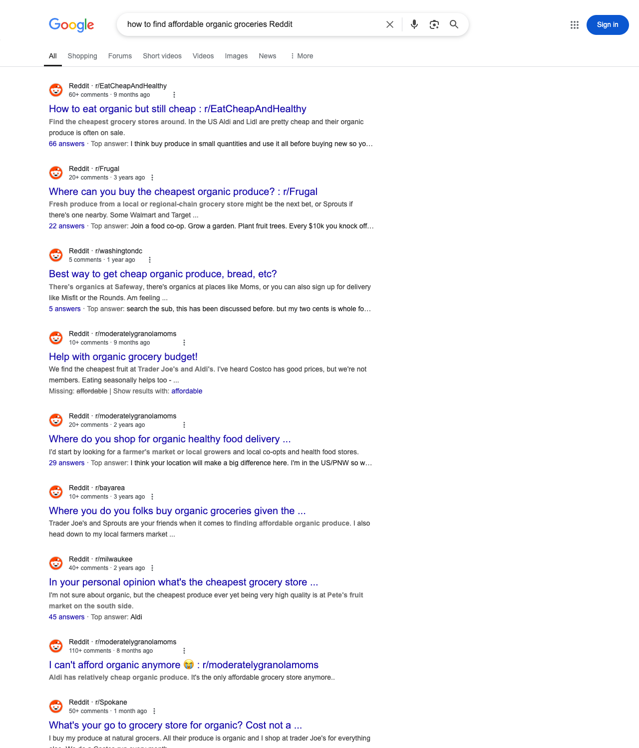 One of the best ways to do keyword research while optimizing SEO for organic food stores is to go to Reddit and type in questions that people interested in organic grocery services is looking for.