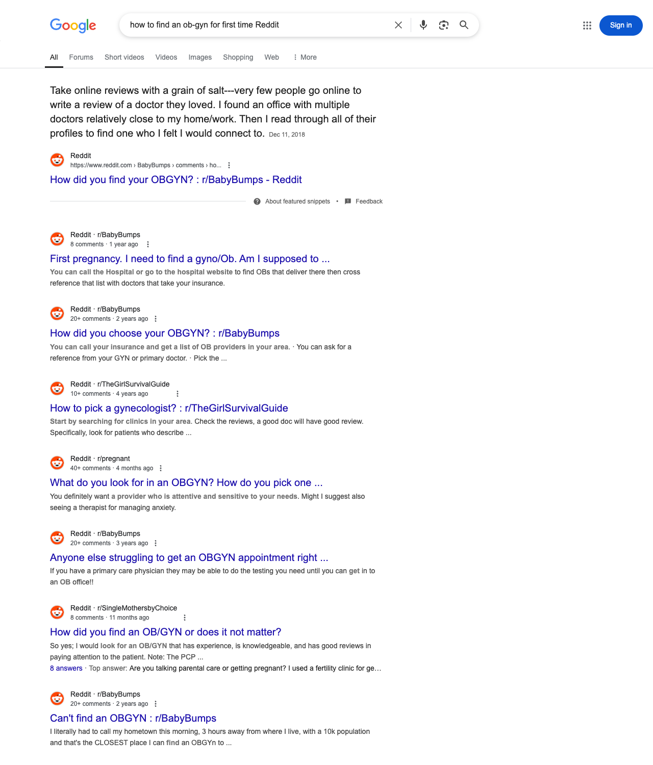 One of the best ways to do keyword research while optimizing SEO for OB-GYNs is to go to Reddit and type in questions that people interested in ob-gyn services is looking for.