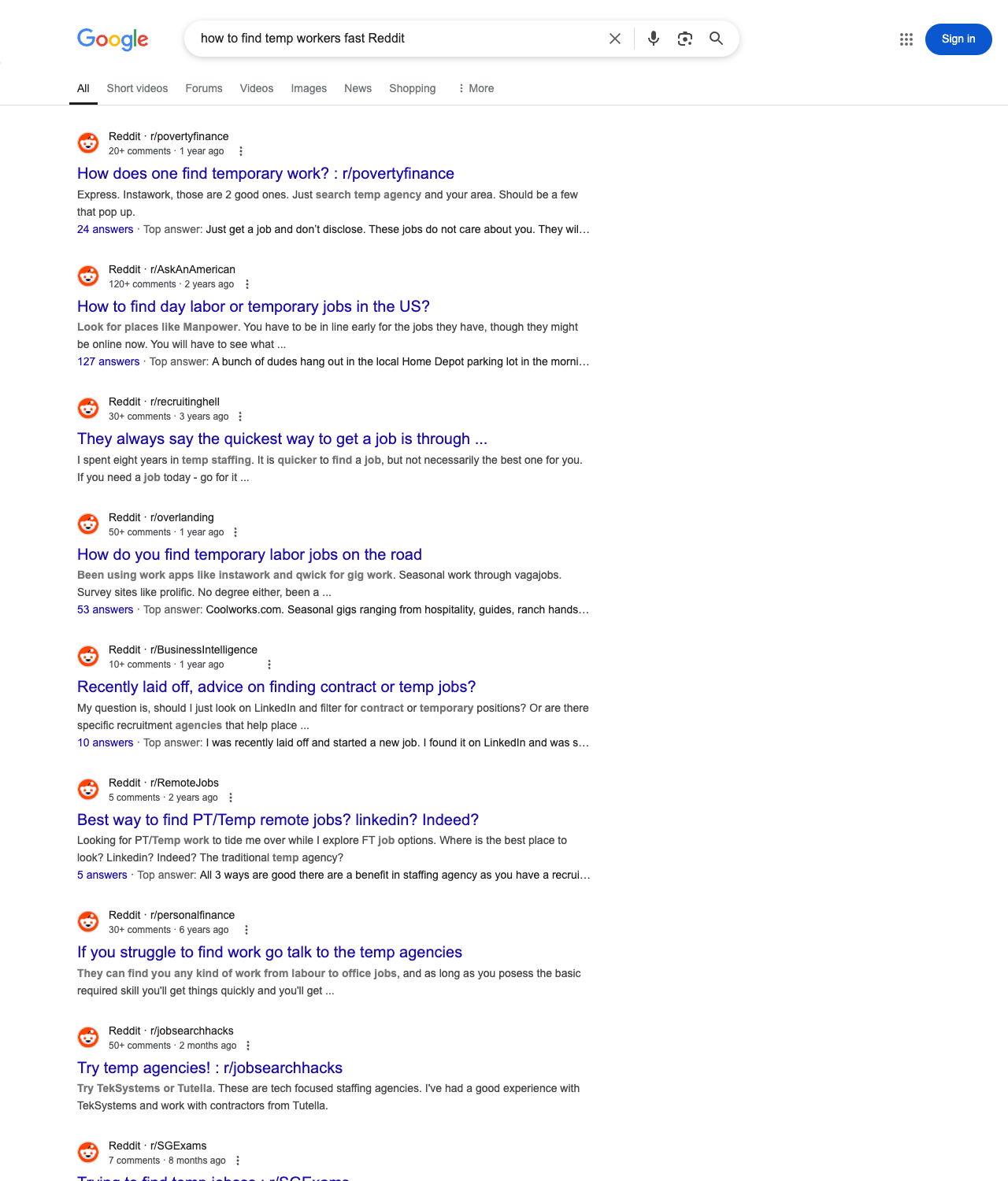 One of the best ways to do keyword research while optimizing SEO for staffing agencies is to go to Reddit and type in questions that people interested in staffing services is looking for.