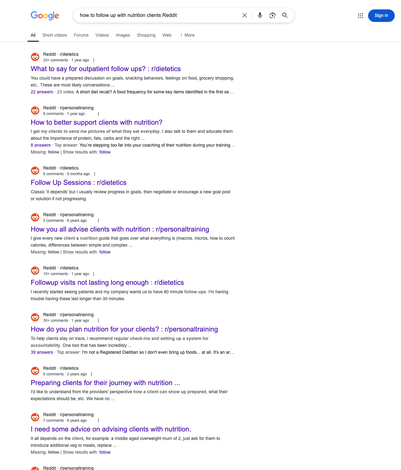 One of the best ways to do keyword research while optimizing SEO for nutrition coaches is to go to Reddit and type in questions that people interested in nutrition coaching services is looking for.
