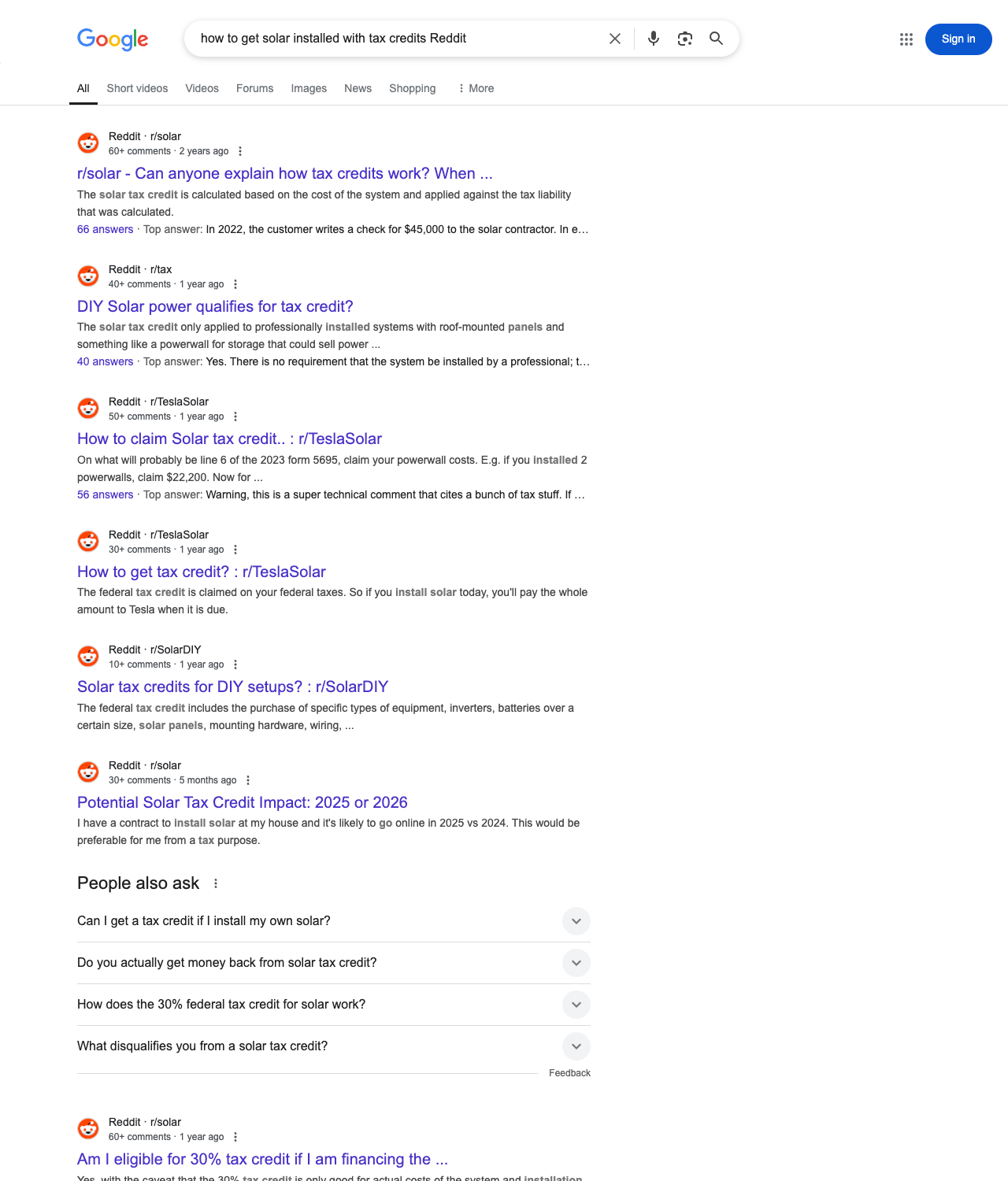 One of the best ways to do keyword research while optimizing SEO for solar panel installers is to go to Reddit and type in questions that people interested in solar panel installation services is looking for.