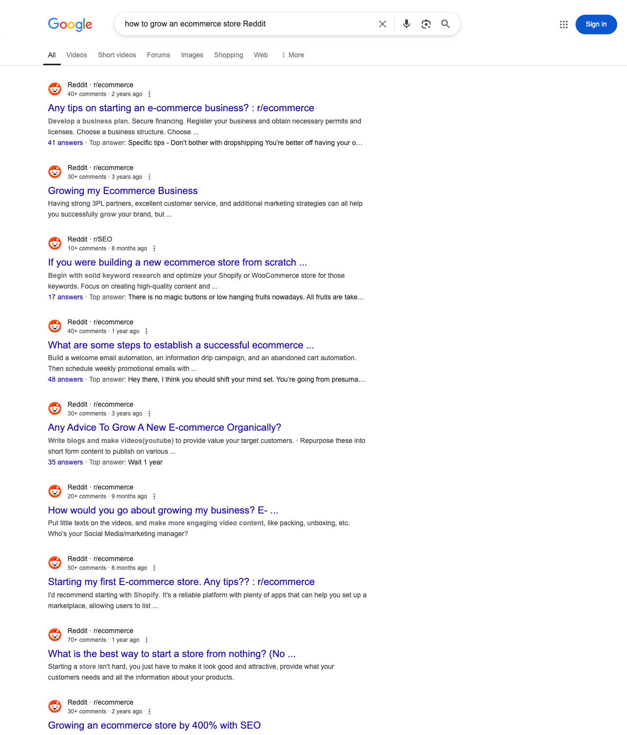 One of the best ways to do keyword research while optimizing SEO for e-commerce businesses is to go to Reddit and type in questions that people interested in e-commerce services is looking for.