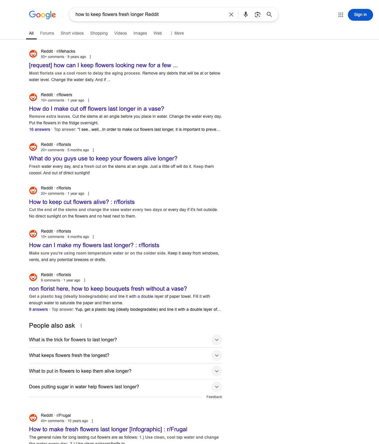 One of the best ways to do keyword research while optimizing SEO for flower shops is to go to Reddit and type in questions that people interested in floral services is looking for.