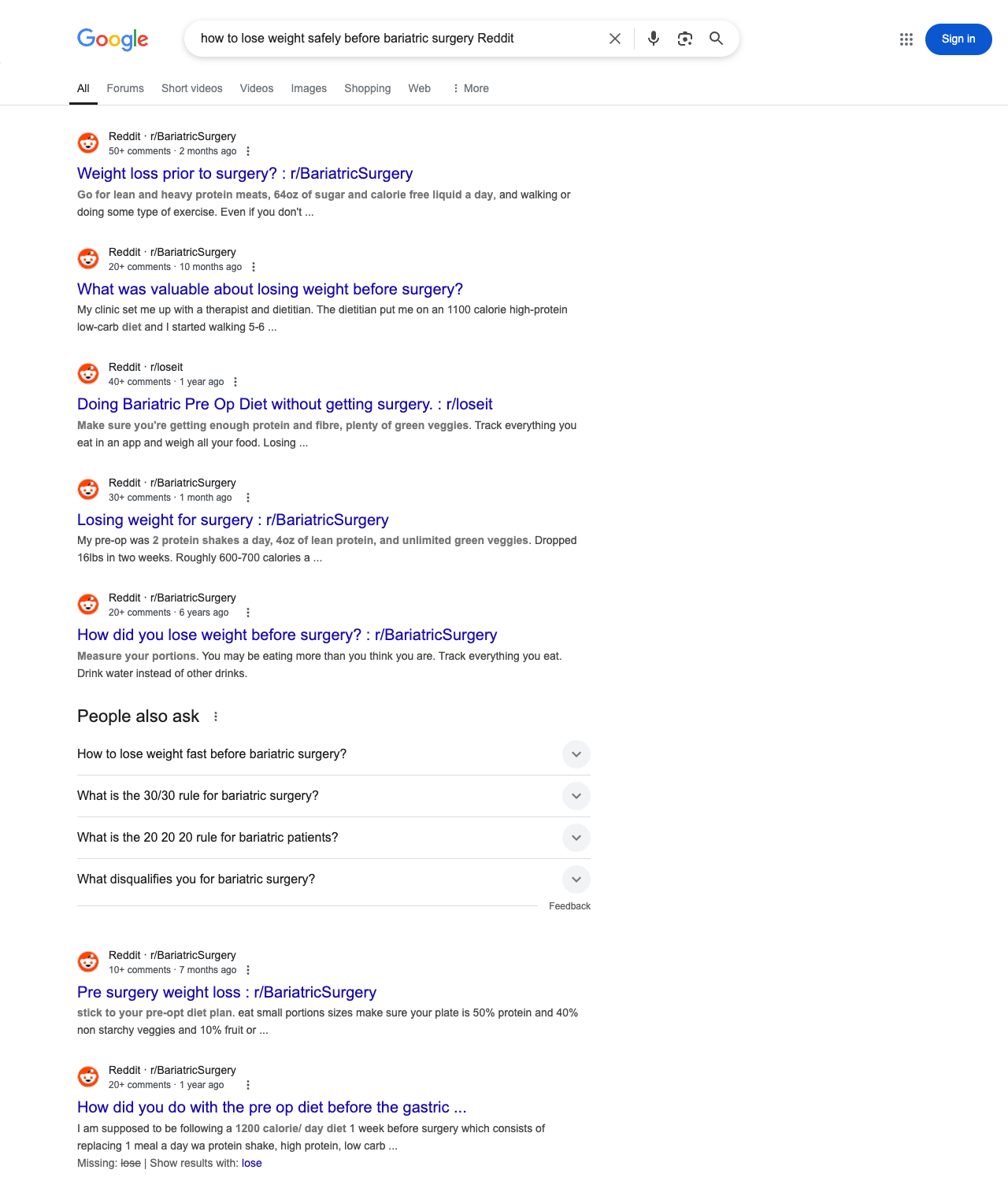 One of the best ways to do keyword research while optimizing SEO for bariatric surgeons is to go to Reddit and type in questions that people interested in bariatric surgery services is looking for.