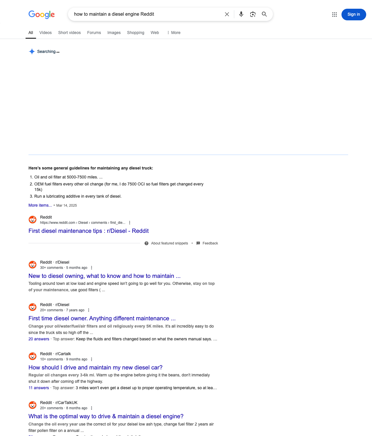 One of the best ways to do keyword research while optimizing SEO for diesel mechanics is to go to Reddit and type in questions that people interested in diesel mechanic services is looking for.