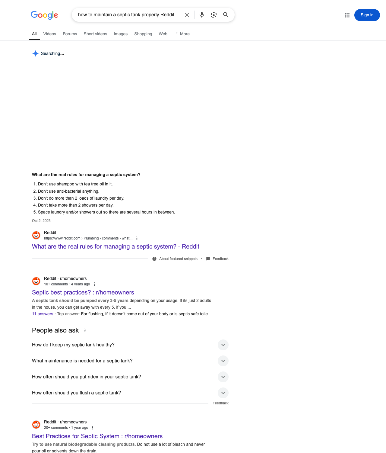 One of the best ways to do keyword research while optimizing SEO for septic tank services is to go to Reddit and type in questions that people interested in septic tank services is looking for.