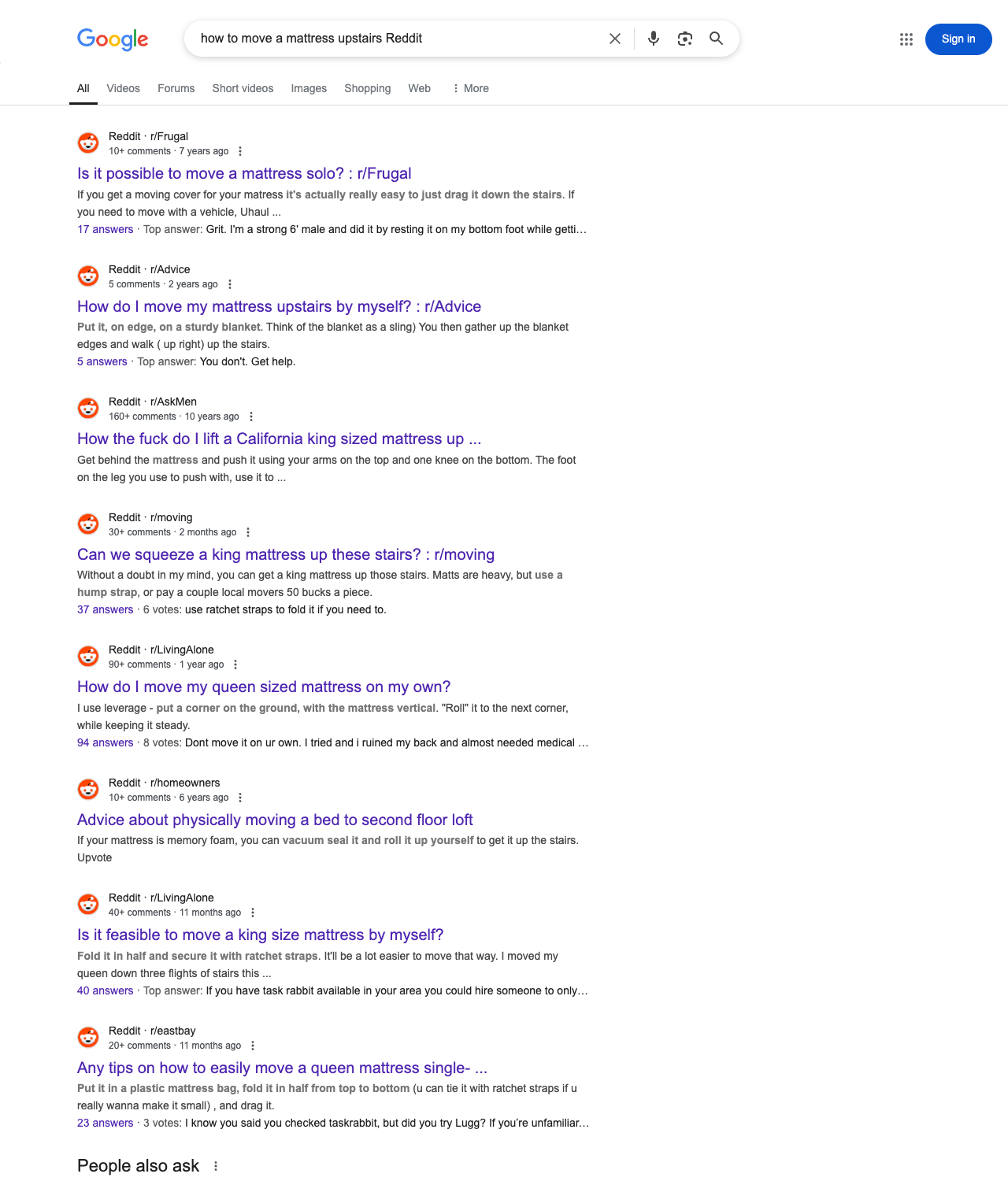 One of the best ways to do keyword research while optimizing SEO for mattress removal services is to go to Reddit and type in questions that people interested in mattress removal services is looking for.
