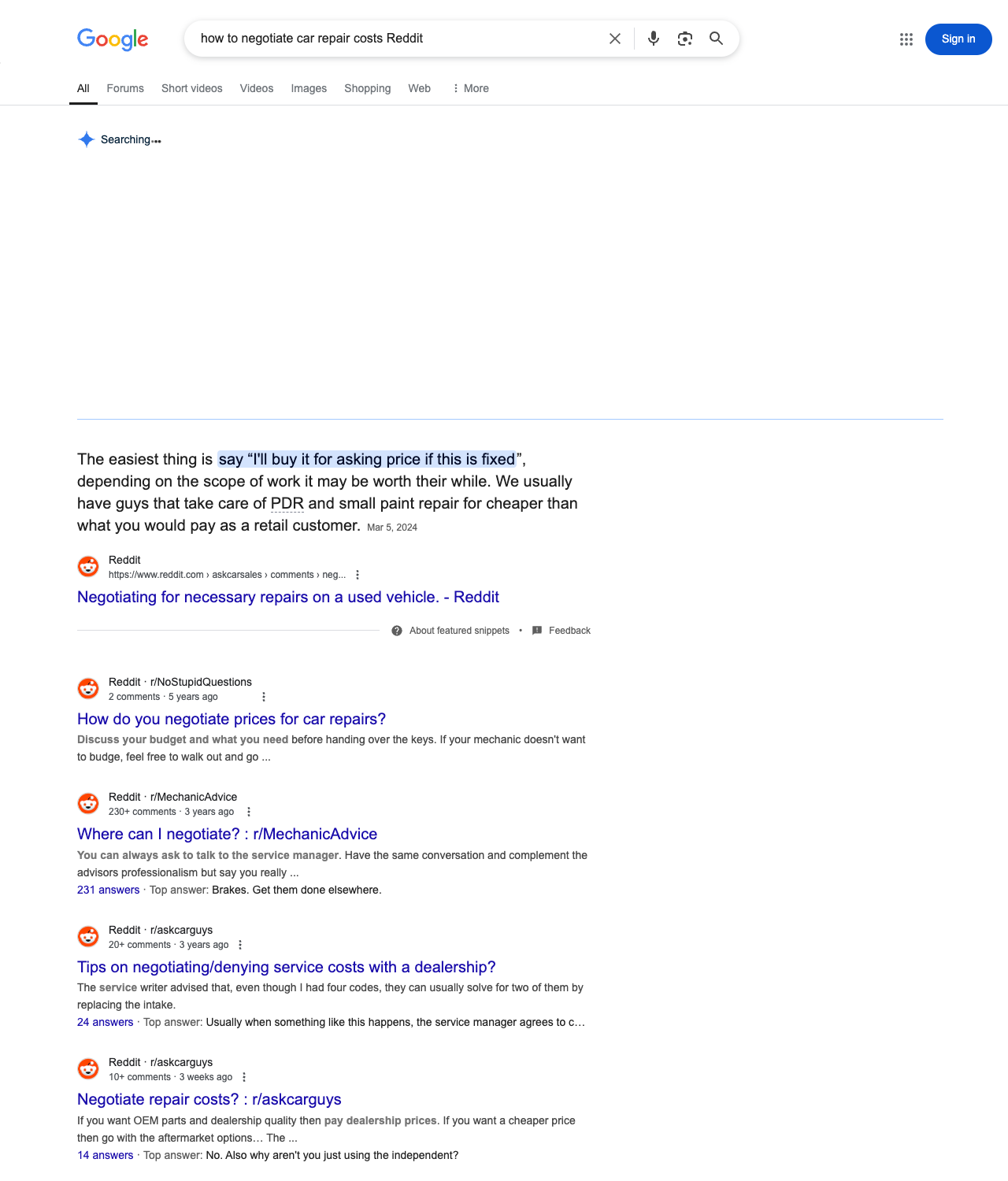 One of the best ways to do keyword research while optimizing SEO for auto repair shops is to go to Reddit and type in questions that people interested in auto repair services is looking for.