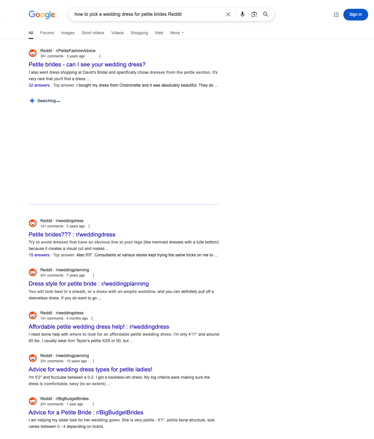 One of the best ways to do keyword research while optimizing SEO for bridal boutiques is to go to Reddit and type in questions that people interested in bridal boutique services is looking for.
