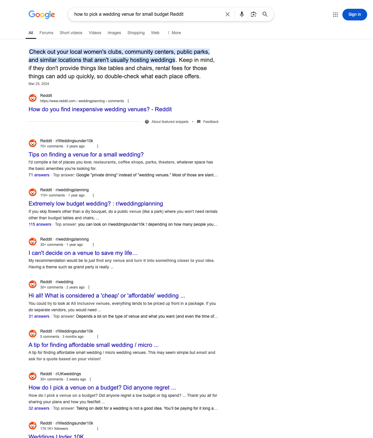 One of the best ways to do keyword research while optimizing SEO for event venues is to go to Reddit and type in questions that people interested in event venue services is looking for.