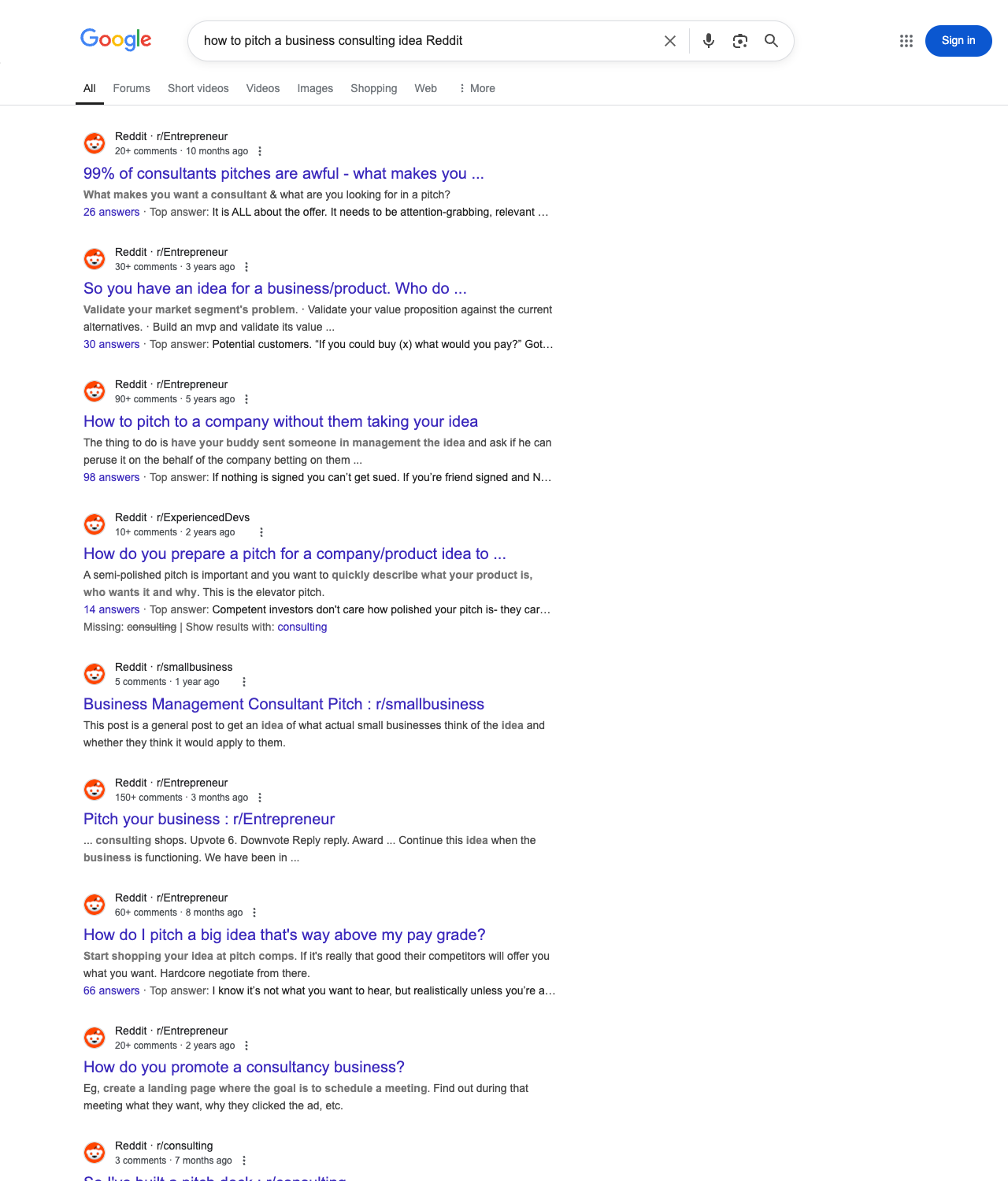 One of the best ways to do keyword research while optimizing SEO for business consultants is to go to Reddit and type in questions that people interested in business consulting services is looking for.