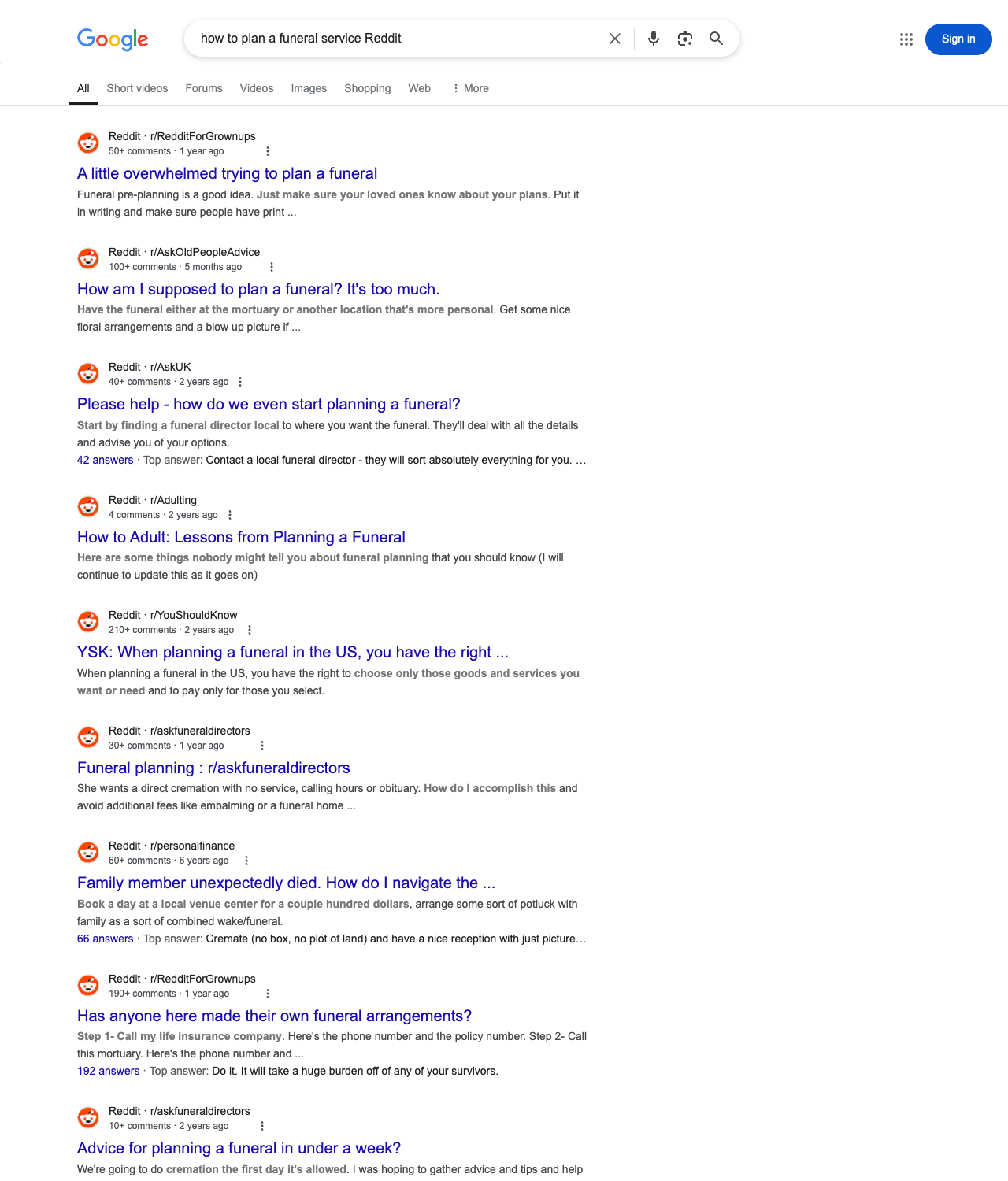 One of the best ways to do keyword research while optimizing SEO for funeral homes is to go to Reddit and type in questions that people interested in funeral services is looking for.