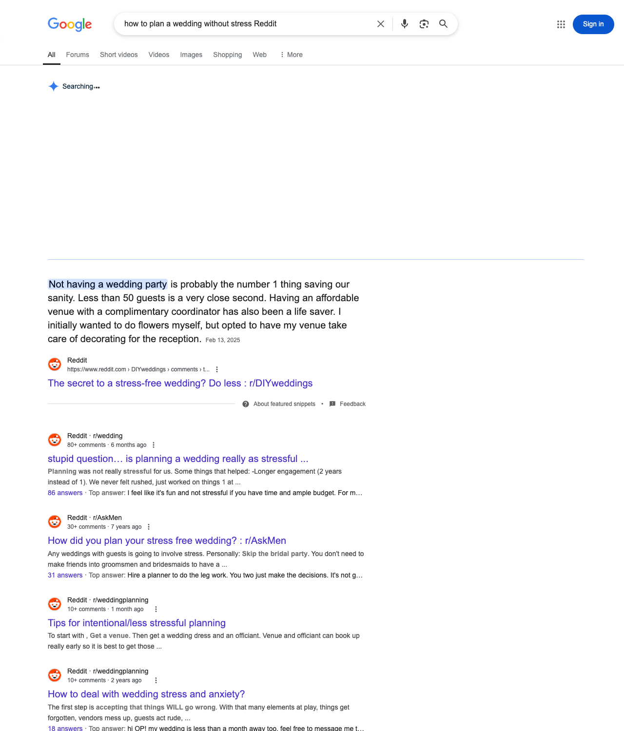 One of the best ways to do keyword research while optimizing SEO for wedding planners is to go to Reddit and type in questions that people interested in wedding planning services is looking for.