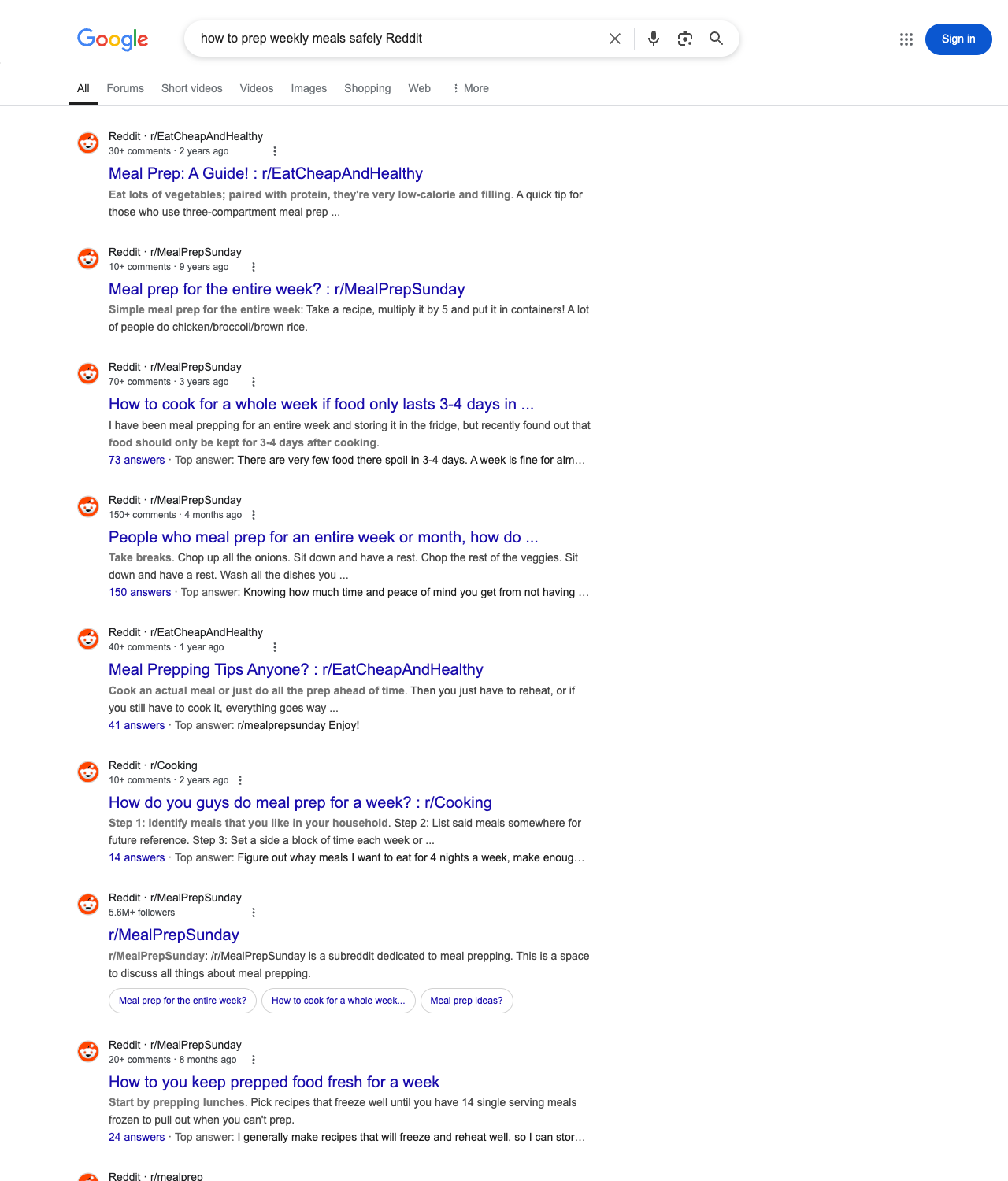 One of the best ways to do keyword research while optimizing SEO for meal prep businesses is to go to Reddit and type in questions that people interested in meal prep services is looking for.