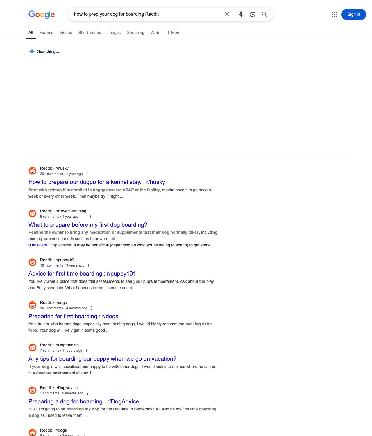 One of the best ways to do keyword research while optimizing SEO for pet boarding services is to go to Reddit and type in questions that people interested in pet boarding services is looking for.