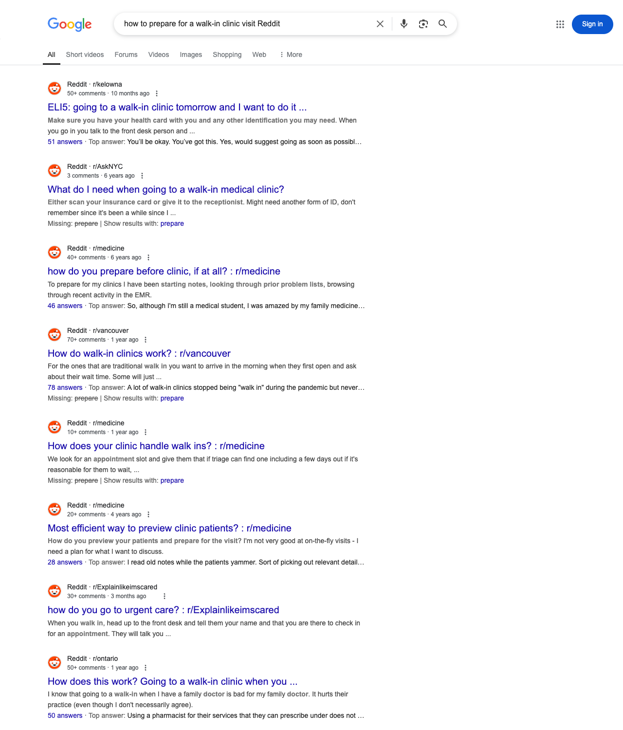 One of the best ways to do keyword research while optimizing SEO for walk-in clinics is to go to Reddit and type in questions that people interested in walk-in clinic services is looking for.