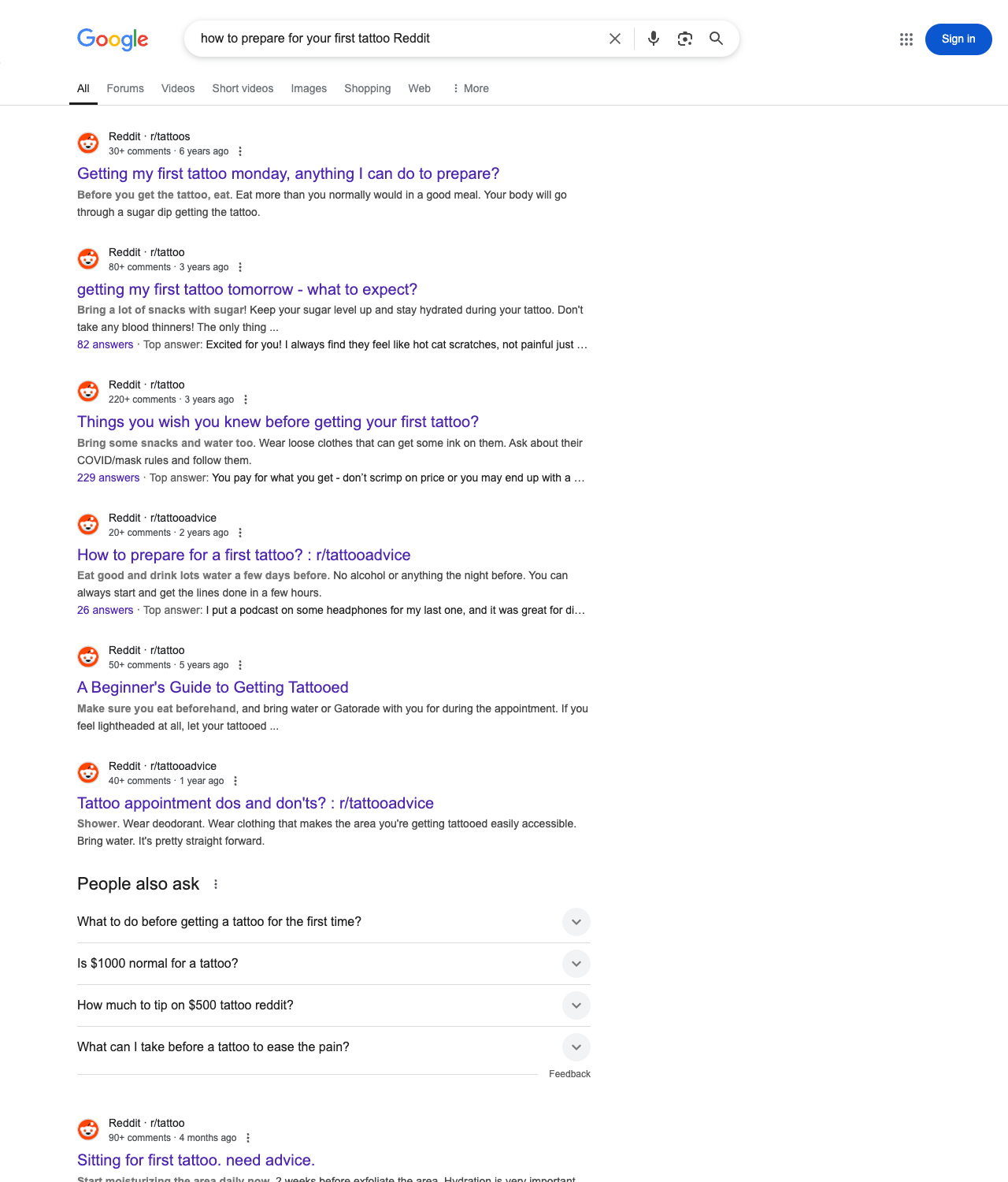 One of the best ways to do keyword research while optimizing SEO for tattoo shops is to go to Reddit and type in questions that people interested in tattoo services is looking for.