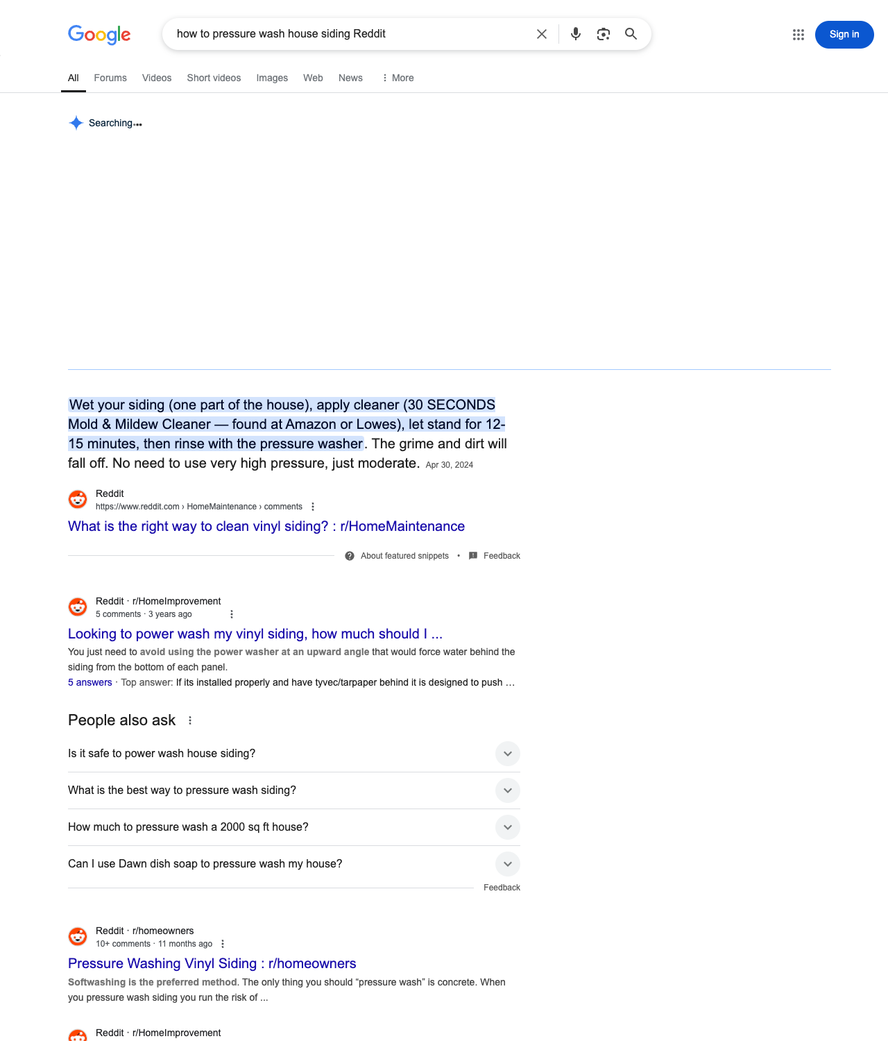 One of the best ways to do keyword research while optimizing SEO for pressure washing services is to go to Reddit and type in questions that people interested in pressure washing services is looking for.