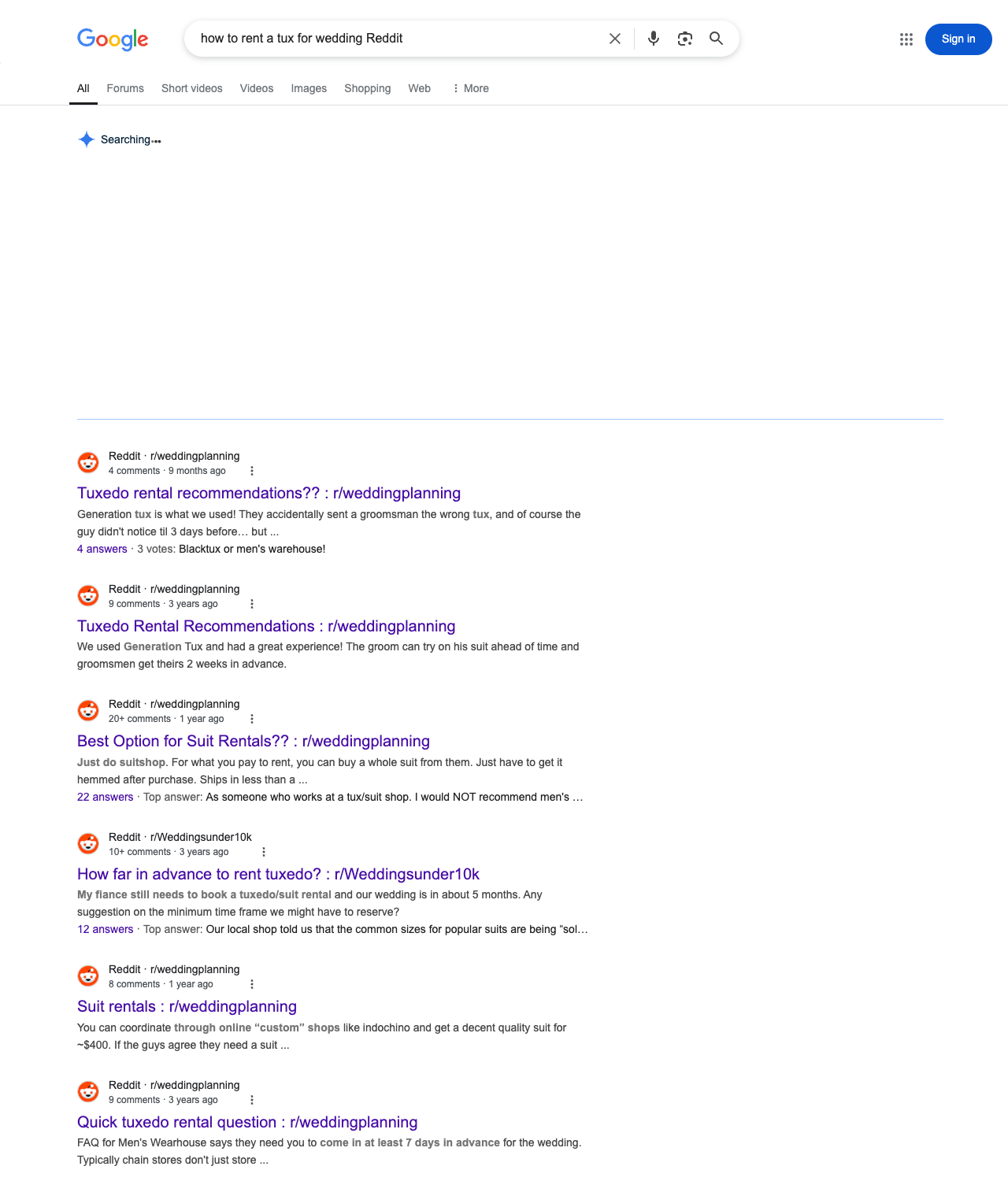 One of the best ways to do keyword research while optimizing SEO for tuxedo rentals is to go to Reddit and type in questions that people interested in tuxedo rental services is looking for.
