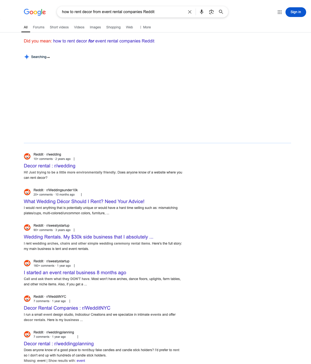 One of the best ways to do keyword research while optimizing SEO for event rental companies is to go to Reddit and type in questions that people interested in event rental services is looking for.