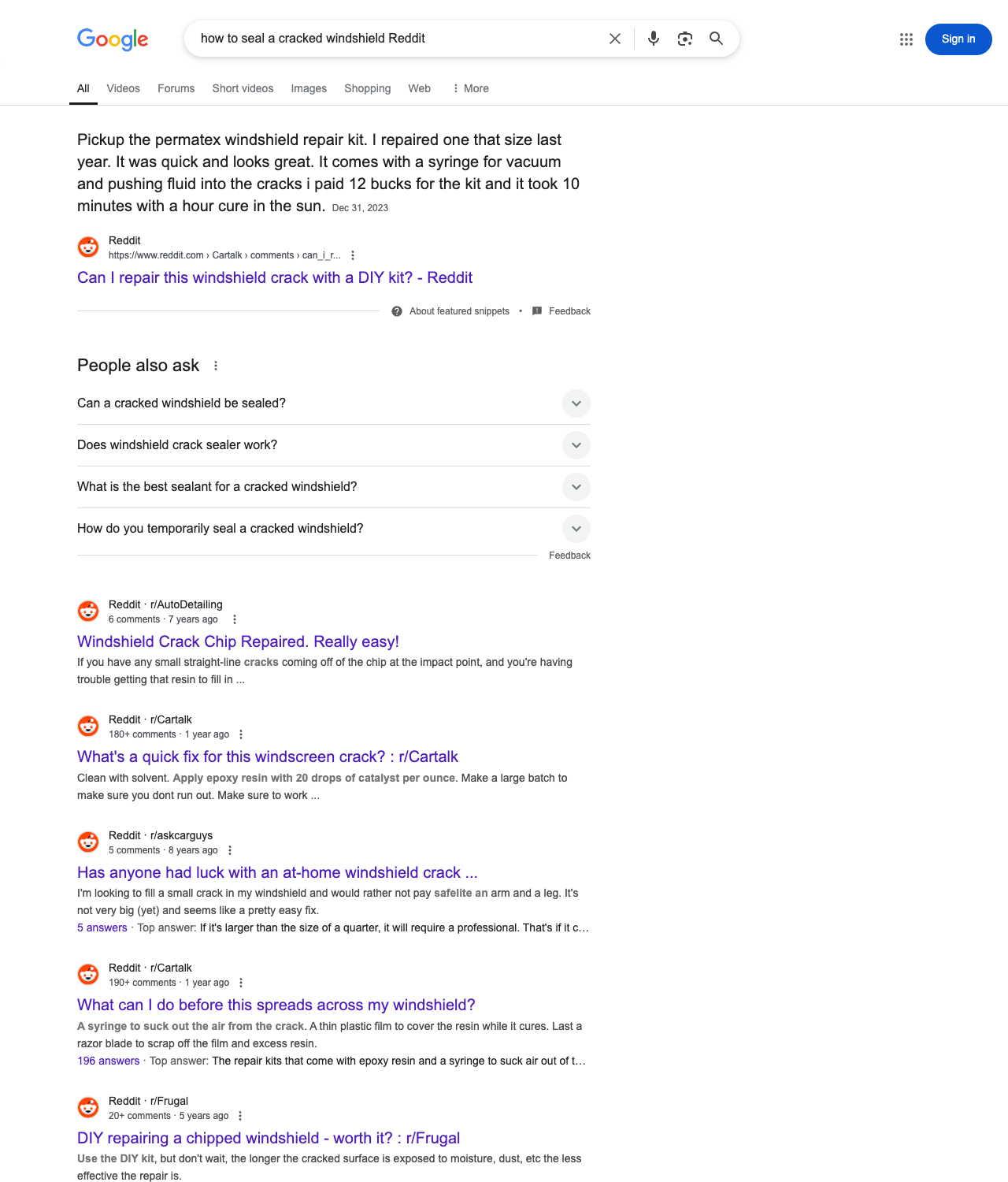 One of the best ways to do keyword research while optimizing SEO for windshield repair is to go to Reddit and type in questions that people interested in windshield repair services is looking for.