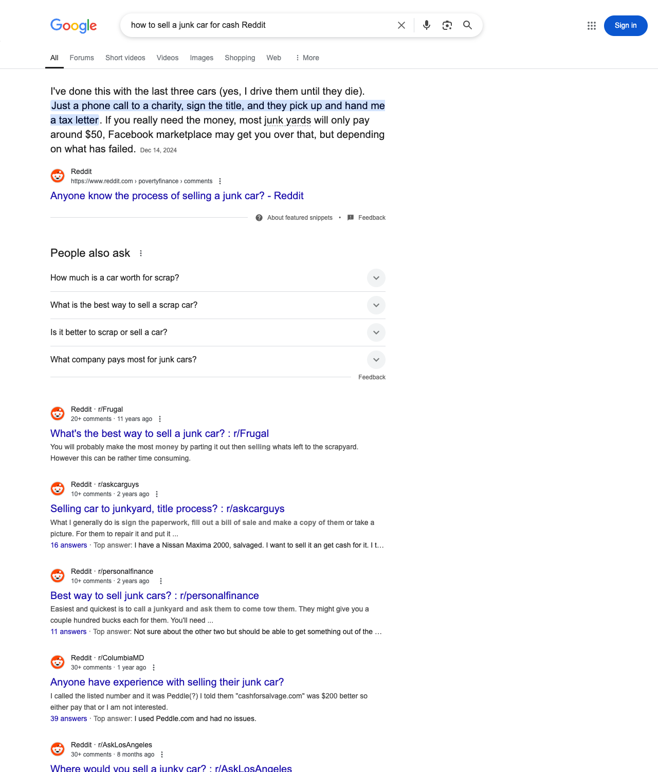 One of the best ways to do keyword research while optimizing SEO for auto recyclers is to go to Reddit and type in questions that people interested in auto recycling services is looking for.