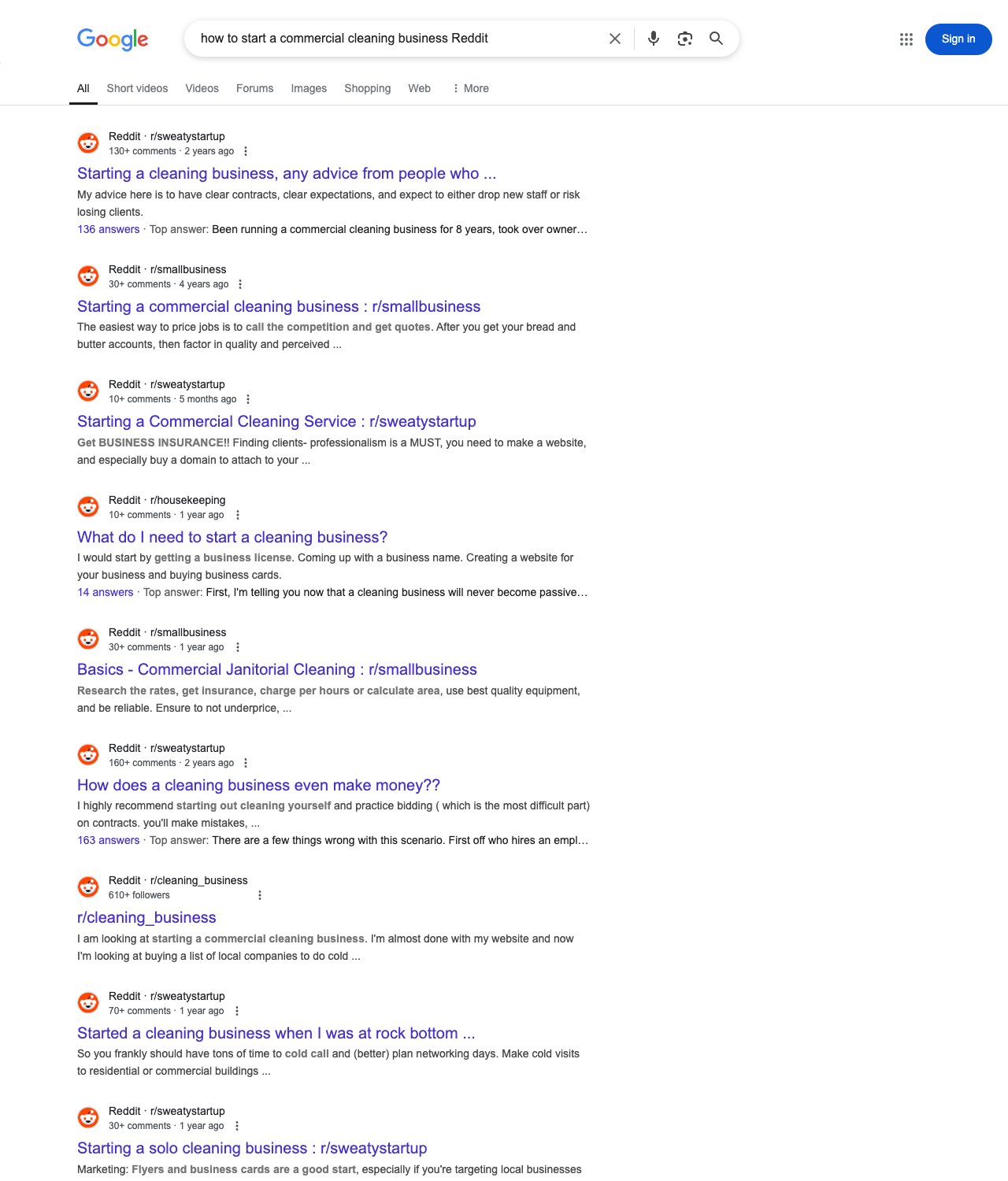 One of the best ways to do keyword research while optimizing SEO for commercial cleaning services is to go to Reddit and type in questions that people interested in commercial cleaning services is looking for.