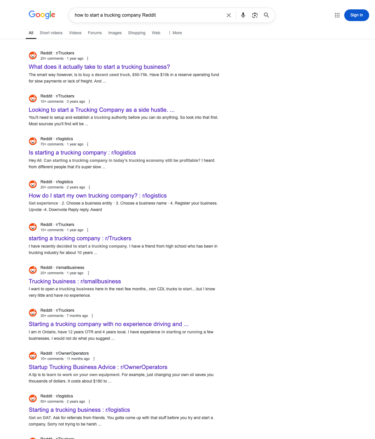 One of the best ways to do keyword research while optimizing SEO for trucking companies is to go to Reddit and type in questions that people interested in trucking services is looking for.