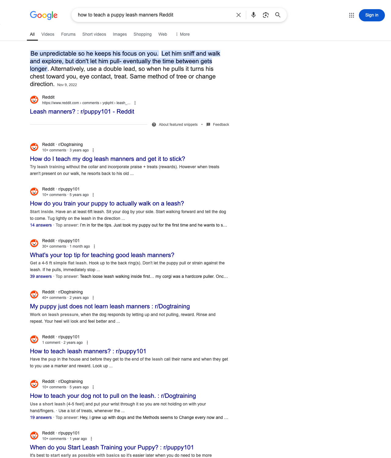 One of the best ways to do keyword research while optimizing SEO for dog training schools is to go to Reddit and type in questions that people interested in dog training services is looking for.