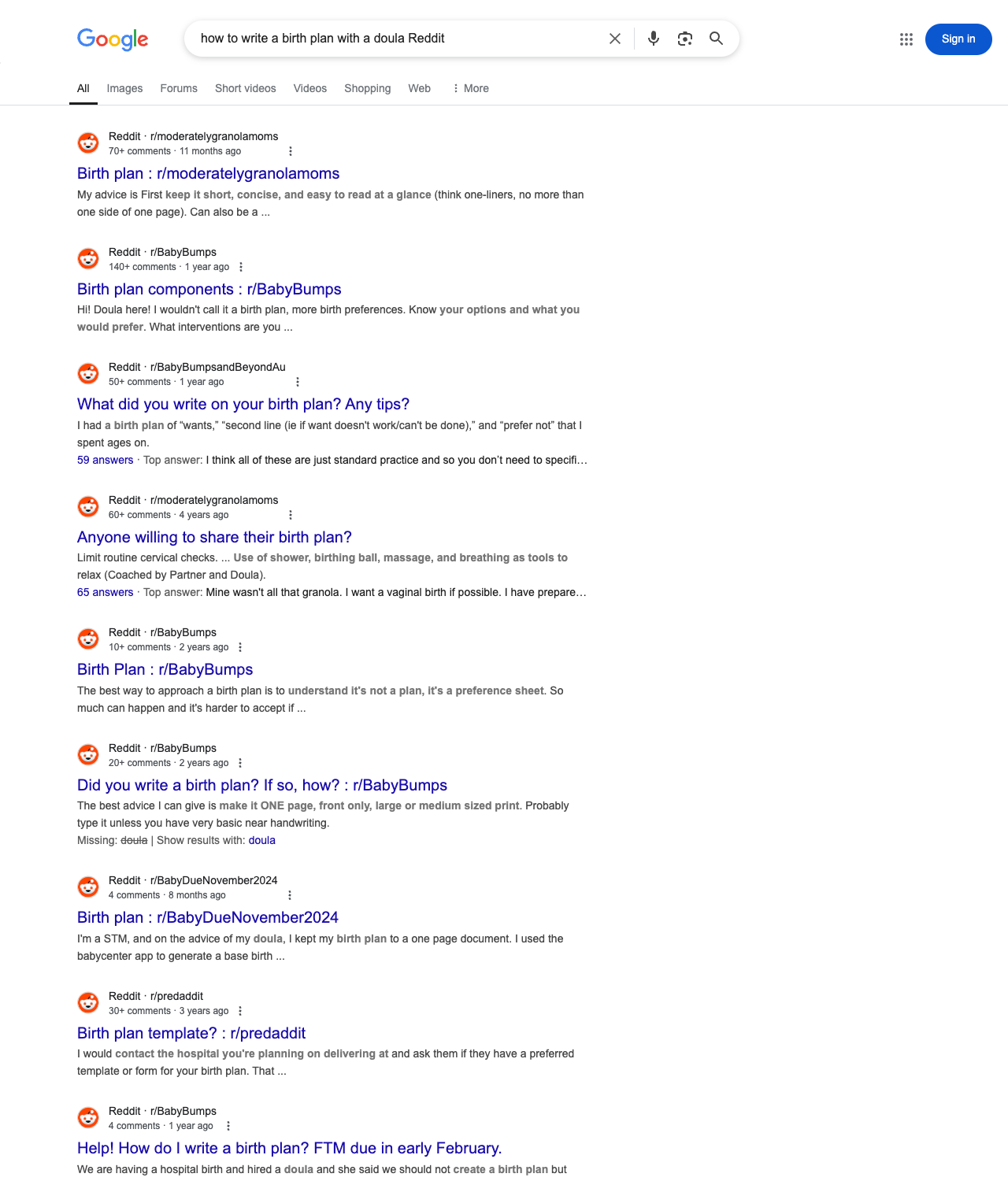 One of the best ways to do keyword research while optimizing SEO for doulas is to go to Reddit and type in questions that people interested in doula services is looking for.