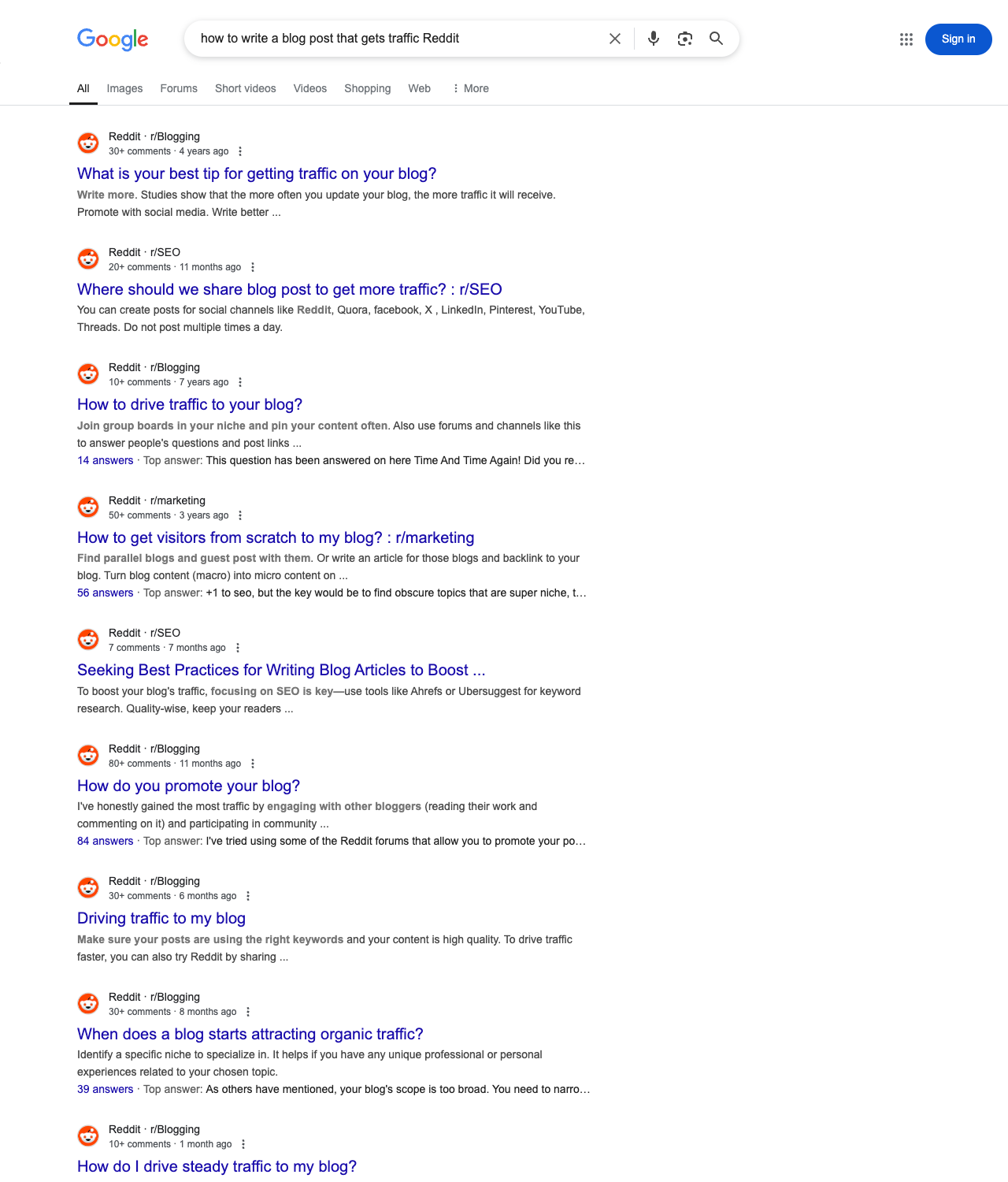 One of the best ways to do keyword research while optimizing SEO for content writers is to go to Reddit and type in questions that people interested in content writing services is looking for.