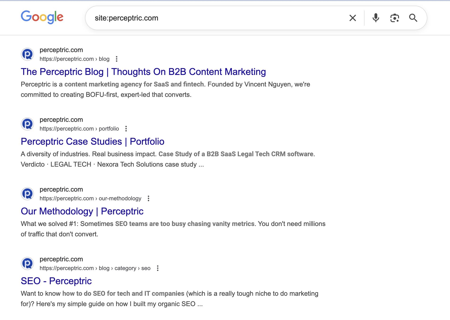 Perceptric's website has been indexed, which means it has good technical SEO