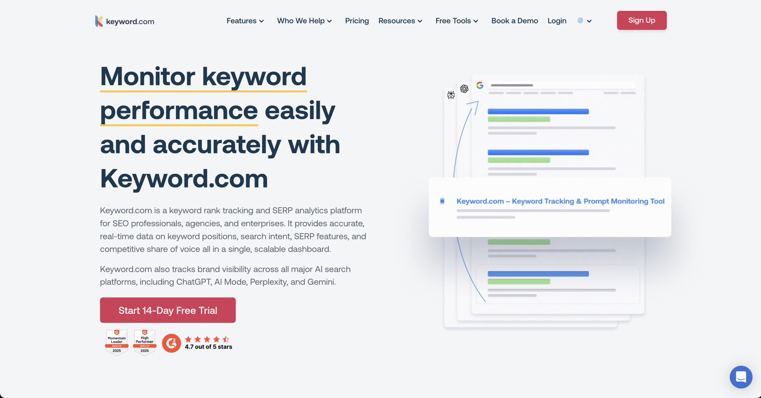 Keyword.com is a keyword tracking and SERP analysis platform that helps SEO professionals monitor keyword rankings, analyze search engine visibility, and generate client-ready white-label reports. Its features include daily rank tracking, local and mobile monitoring, share of voice analytics, and integrations with GA4 and Looker Studio.