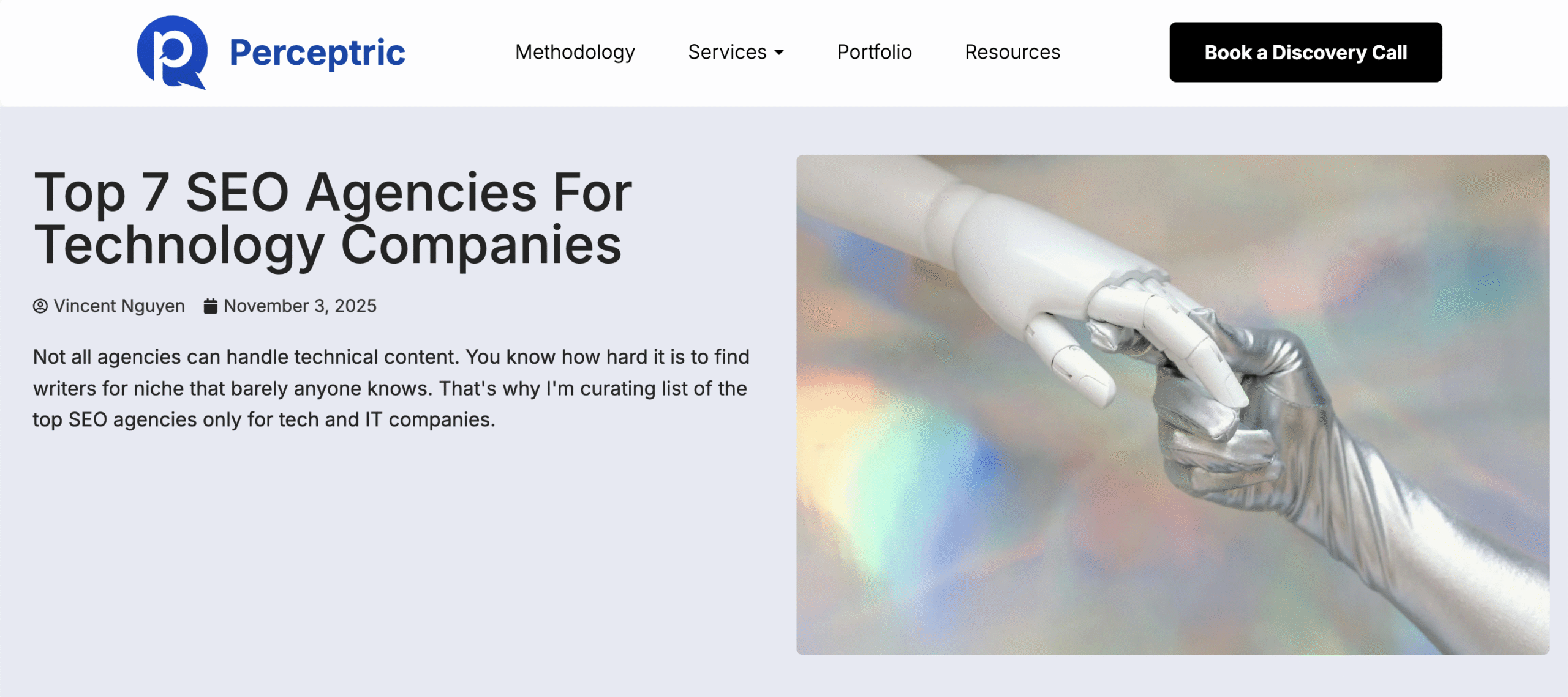 "Top 7 SEO Agencies For Technology Companies" as one example of BOFU keywords for Perceptric when doing B2B SEO