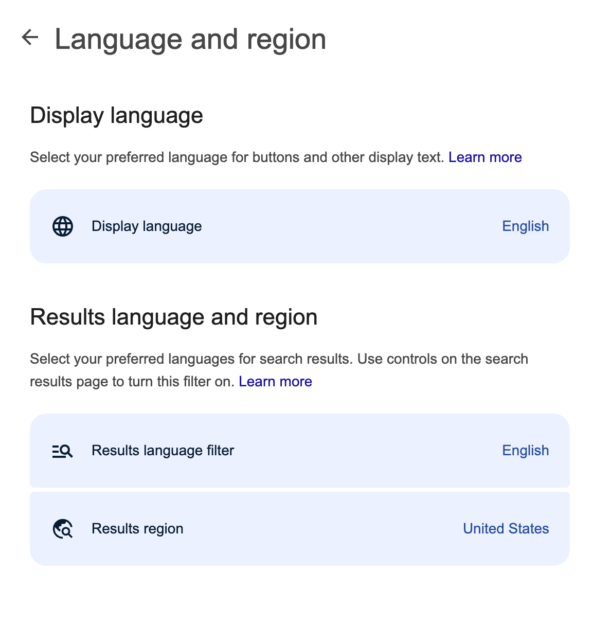 Settings to change Google's language and region