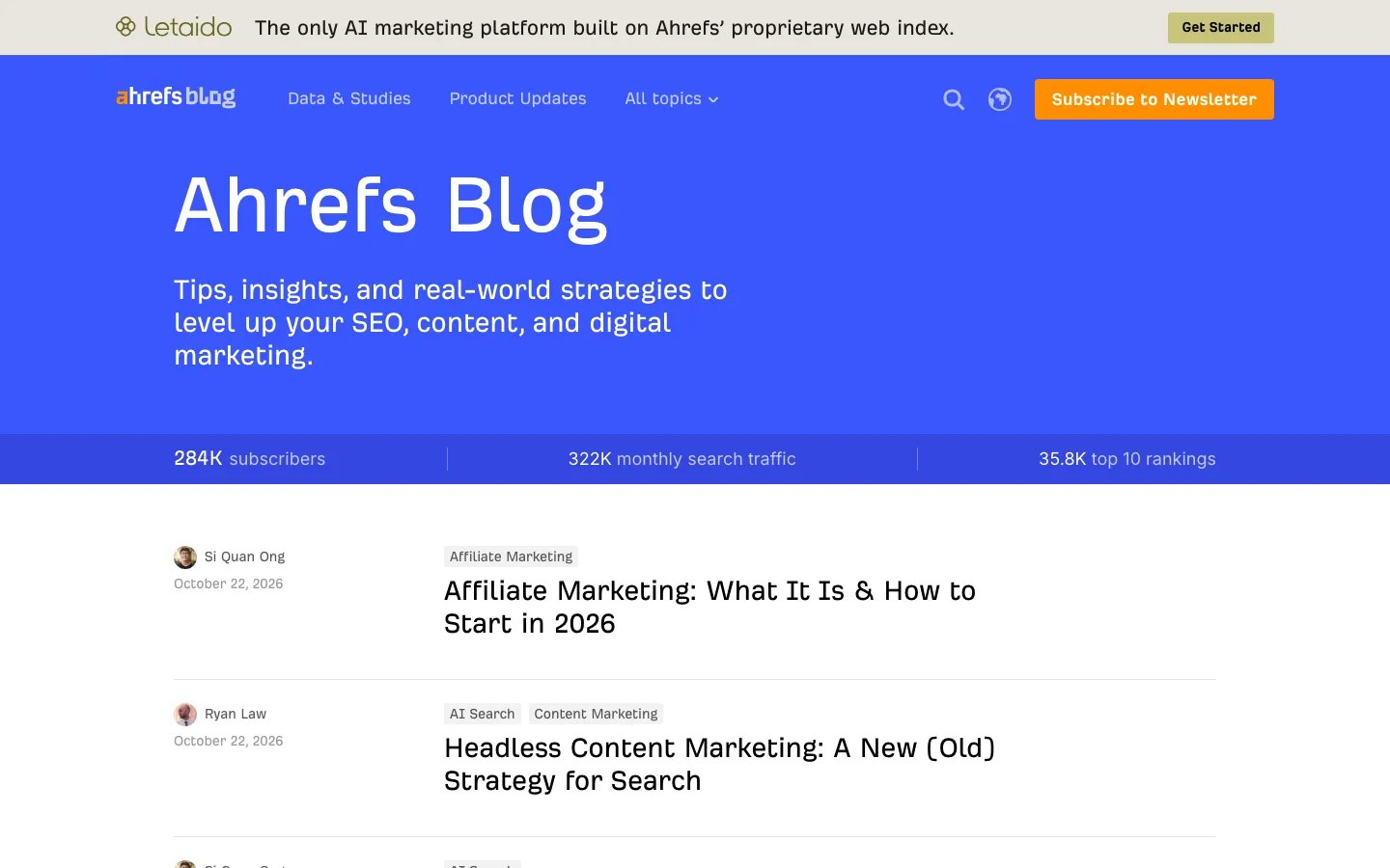 Ahrefs Blog: screenshot of ahrefs.com/blog